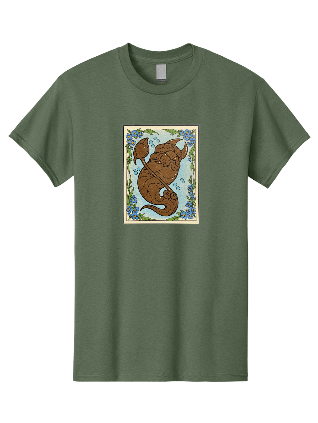 King-Neptune Men'S Graphic Tee, 100% Cotton, Comfortable Casual Summer Wear, Machine Washable, Merman With Trident, Mythical Creature, Underwater Scene, Blue Flowers, Green Leaves, Aquatic Fantasy, Ocean Mythology, Sea God, Folklore Character, Bae214 15