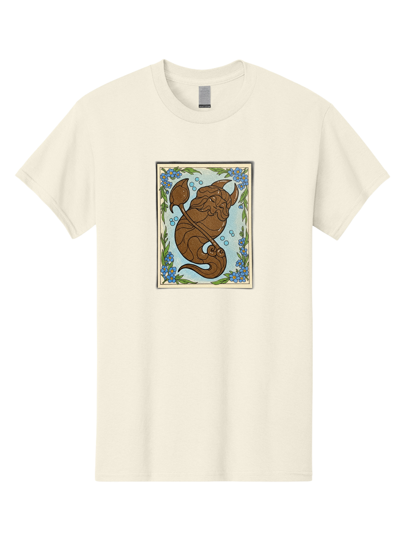 King-Neptune Men'S Graphic Tee, 100% Cotton, Comfortable Casual Summer Wear, Machine Washable, Merman With Trident, Mythical Creature, Underwater Scene, Blue Flowers, Green Leaves, Aquatic Fantasy, Ocean Mythology, Sea God, Folklore Character, Bae214 13