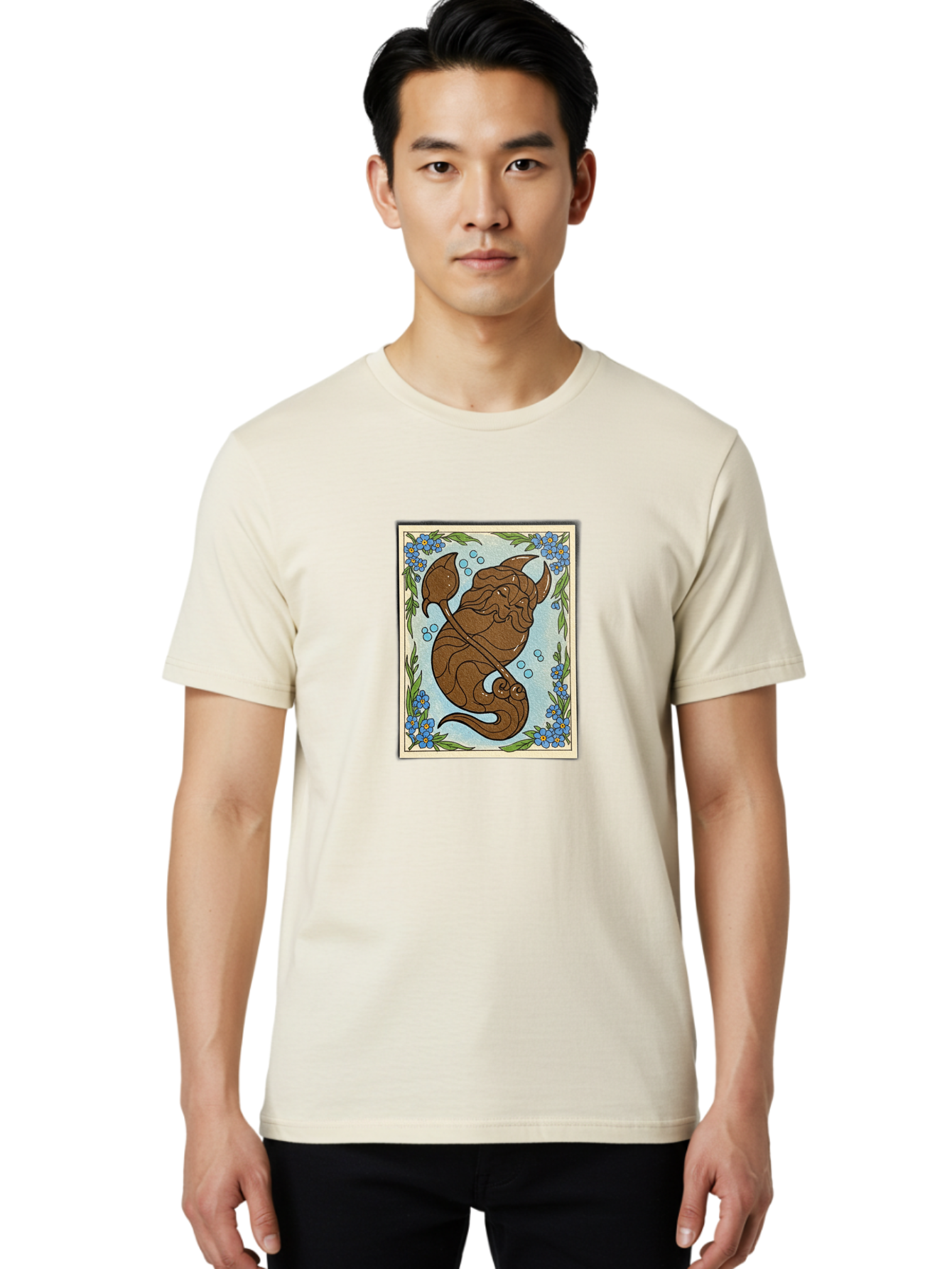 King-Neptune Men'S Graphic Tee, 100% Cotton, Comfortable Casual Summer Wear, Machine Washable, Merman With Trident, Mythical Creature, Underwater Scene, Blue Flowers, Green Leaves, Aquatic Fantasy, Ocean Mythology, Sea God, Folklore Character, Bae214 28
