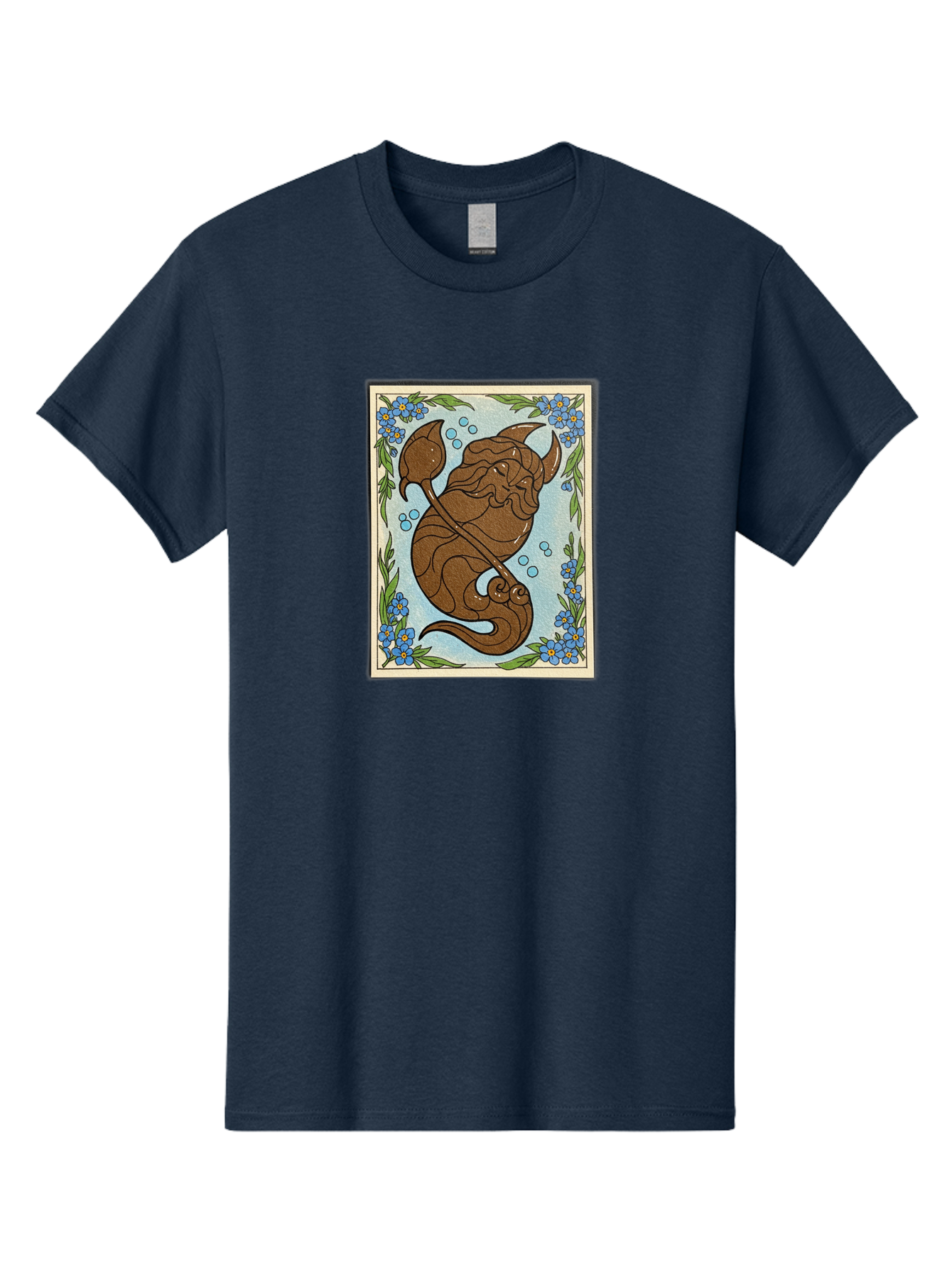 King-Neptune Men'S Graphic Tee, 100% Cotton, Comfortable Casual Summer Wear, Machine Washable, Merman With Trident, Mythical Creature, Underwater Scene, Blue Flowers, Green Leaves, Aquatic Fantasy, Ocean Mythology, Sea God, Folklore Character, Bae214 12