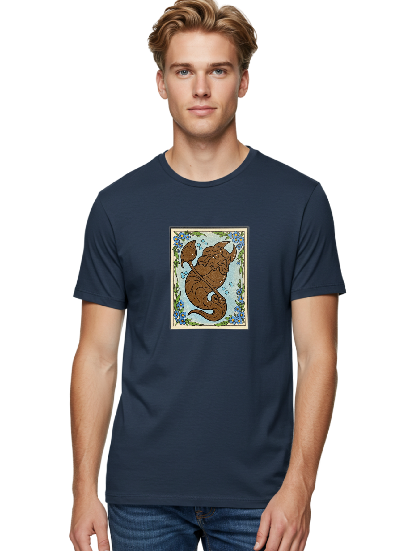 King-Neptune Men'S Graphic Tee, 100% Cotton, Comfortable Casual Summer Wear, Machine Washable, Merman With Trident, Mythical Creature, Underwater Scene, Blue Flowers, Green Leaves, Aquatic Fantasy, Ocean Mythology, Sea God, Folklore Character, Bae214 27