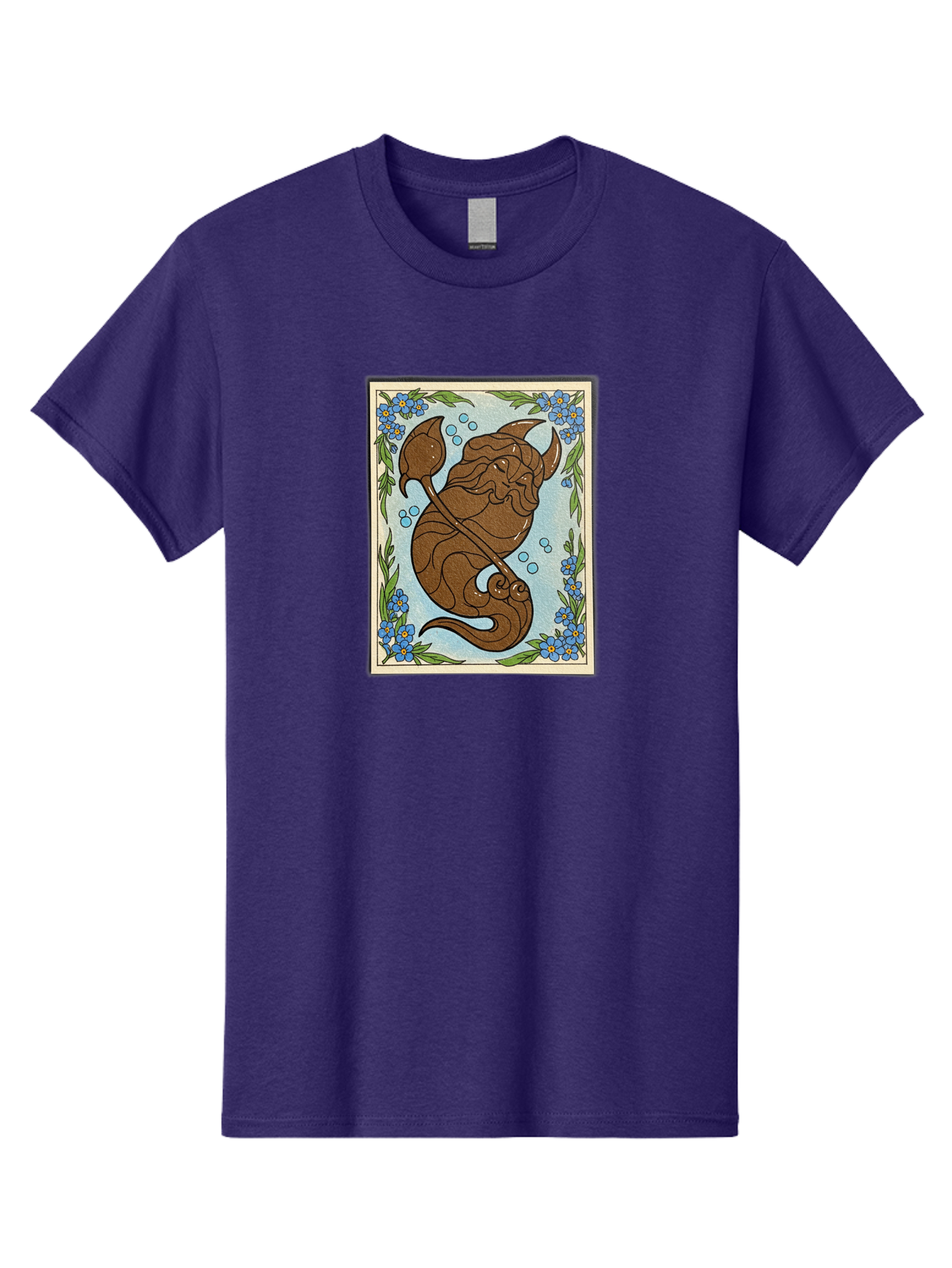 King-Neptune Men'S Graphic Tee, 100% Cotton, Comfortable Casual Summer Wear, Machine Washable, Merman With Trident, Mythical Creature, Underwater Scene, Blue Flowers, Green Leaves, Aquatic Fantasy, Ocean Mythology, Sea God, Folklore Character, Bae214 4