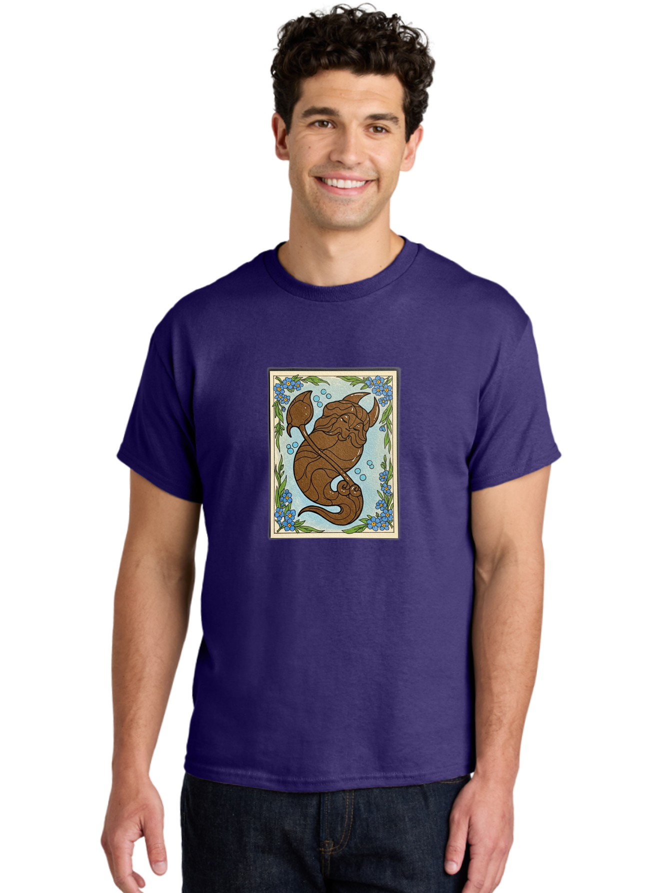 King-Neptune Men'S Graphic Tee, 100% Cotton, Comfortable Casual Summer Wear, Machine Washable, Merman With Trident, Mythical Creature, Underwater Scene, Blue Flowers, Green Leaves, Aquatic Fantasy, Ocean Mythology, Sea God, Folklore Character, Bae214 19