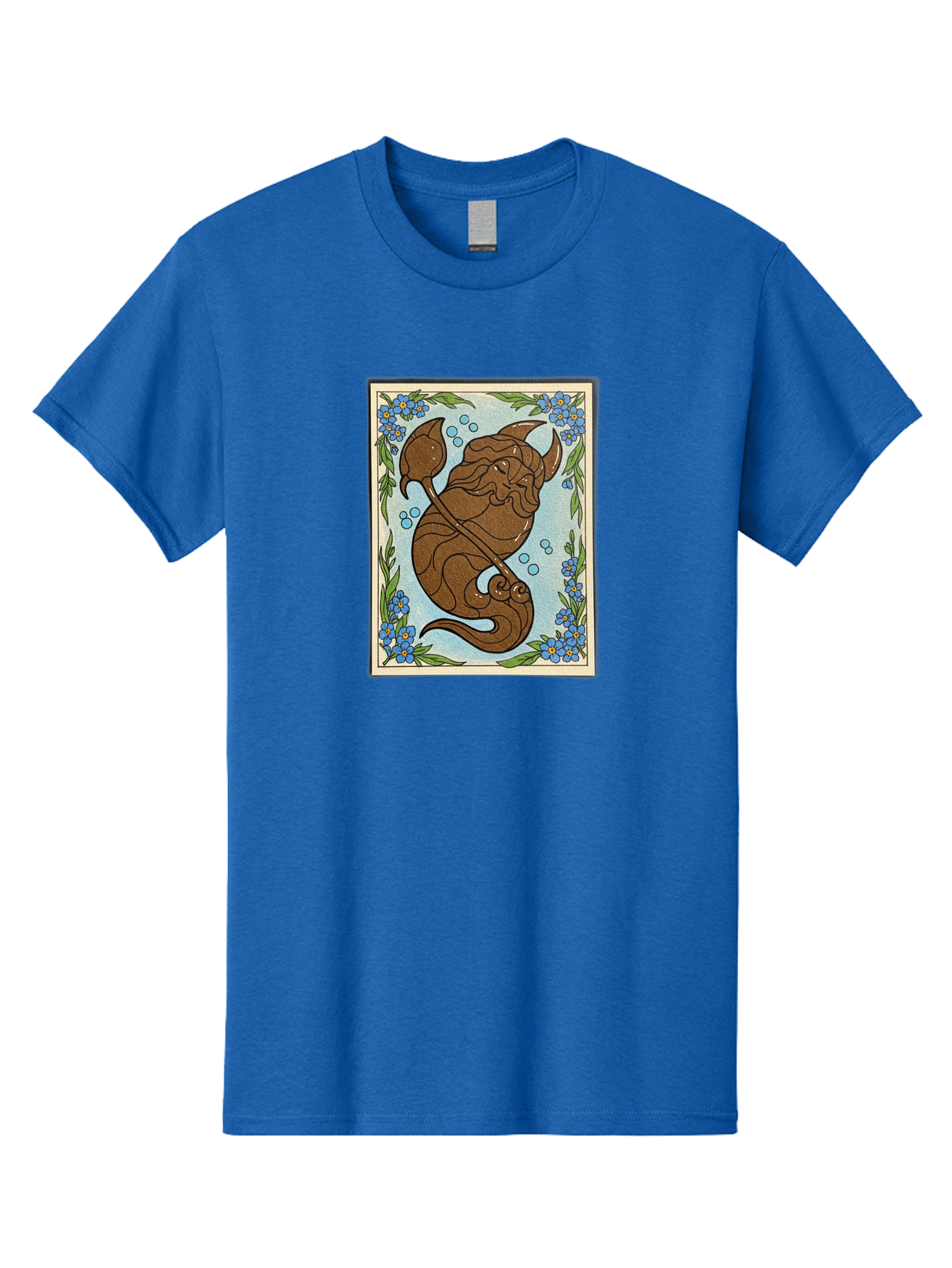 King-Neptune Men'S Graphic Tee, 100% Cotton, Comfortable Casual Summer Wear, Machine Washable, Merman With Trident, Mythical Creature, Underwater Scene, Blue Flowers, Green Leaves, Aquatic Fantasy, Ocean Mythology, Sea God, Folklore Character, Bae214 9
