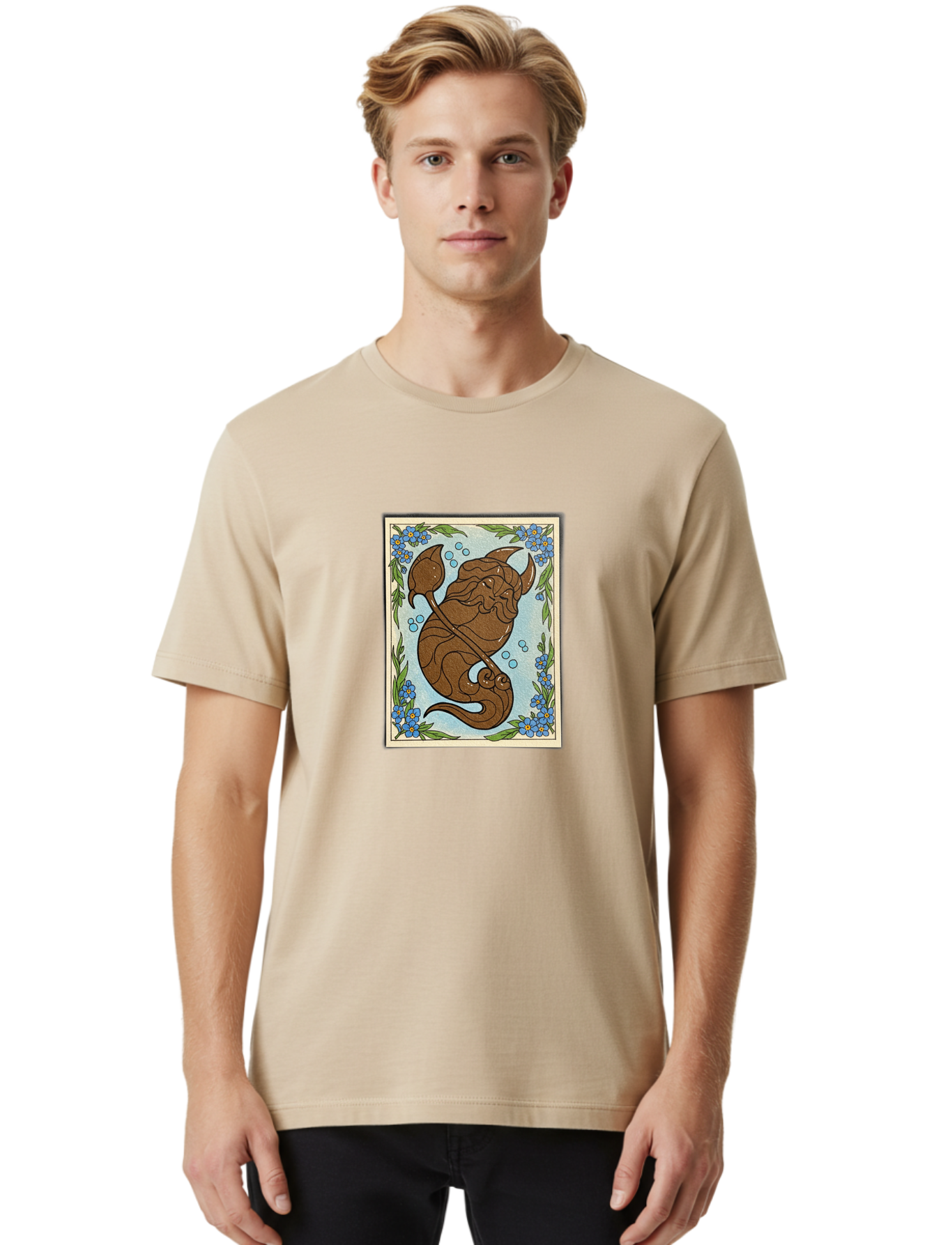 King-Neptune Men'S Graphic Tee, 100% Cotton, Comfortable Casual Summer Wear, Machine Washable, Merman With Trident, Mythical Creature, Underwater Scene, Blue Flowers, Green Leaves, Aquatic Fantasy, Ocean Mythology, Sea God, Folklore Character, Bae214 16