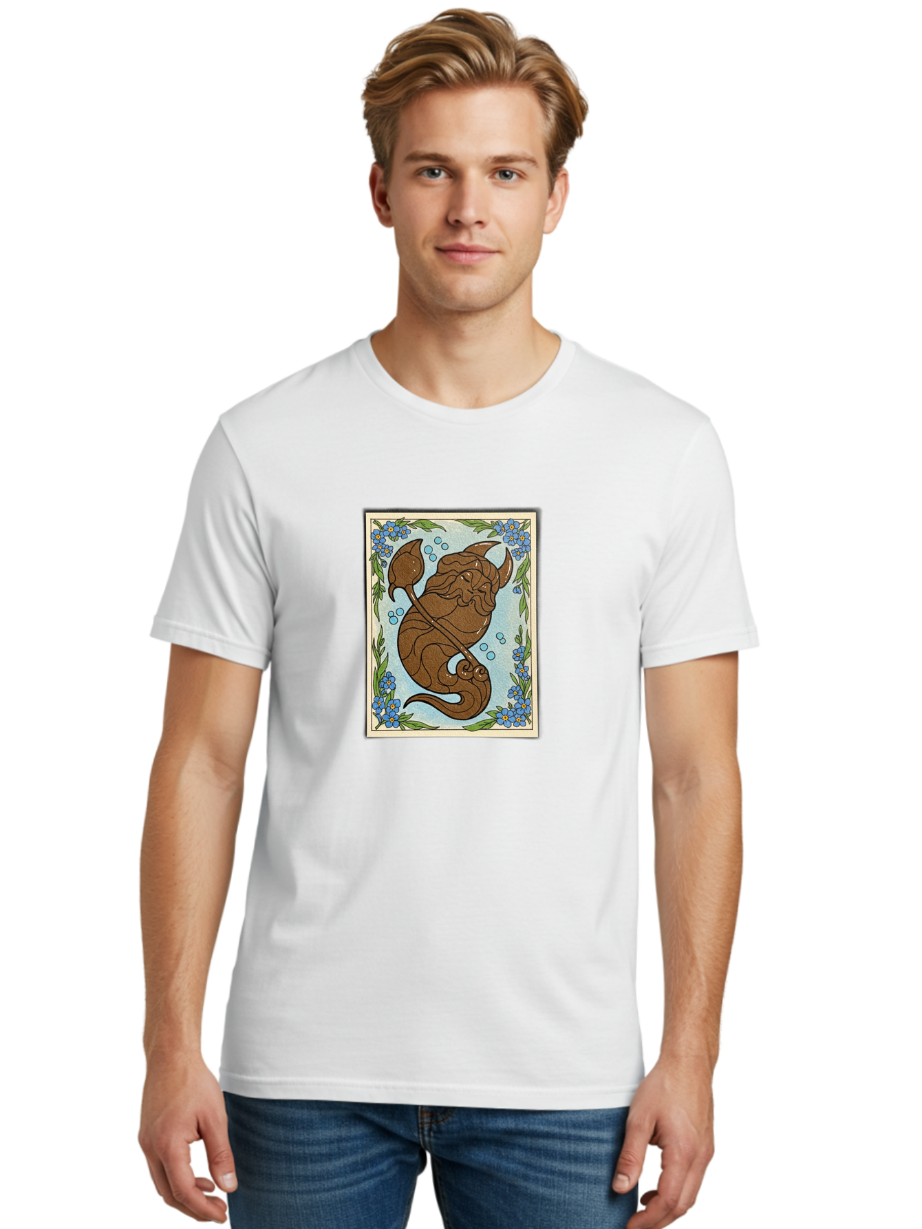 King-Neptune Men'S Graphic Tee, 100% Cotton, Comfortable Casual Summer Wear, Machine Washable, Merman With Trident, Mythical Creature, Underwater Scene, Blue Flowers, Green Leaves, Aquatic Fantasy, Ocean Mythology, Sea God, Folklore Character, Bae214 18