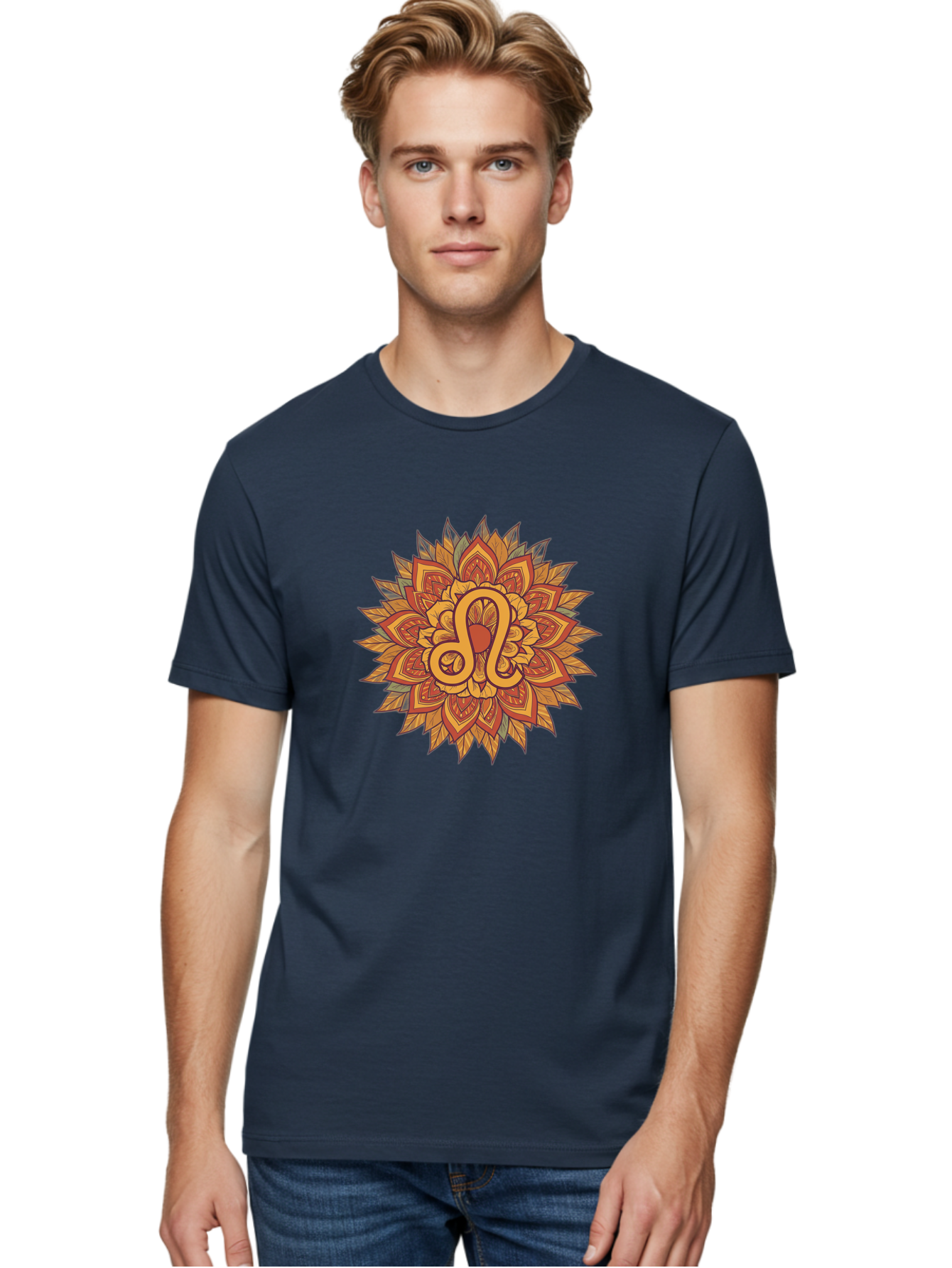 Libra-Symbol-Mandala Men'S Graphic Tee, 100% Cotton, Comfortable Casual Summer Wear, Machine Washable, Libra Symbol, Intricate Mandala Design, Floral Patterns, Orange And Red Hues, Symbolic Representation, Astrological Sign, Zodiac Art, Bae219 30
