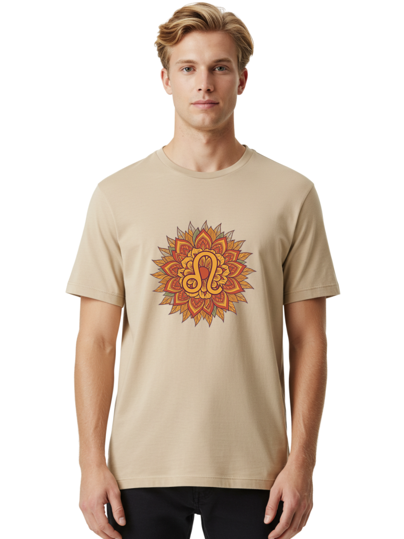Libra-Symbol-Mandala Men'S Graphic Tee, 100% Cotton, Comfortable Casual Summer Wear, Machine Washable, Libra Symbol, Intricate Mandala Design, Floral Patterns, Orange And Red Hues, Symbolic Representation, Astrological Sign, Zodiac Art, Bae219 23