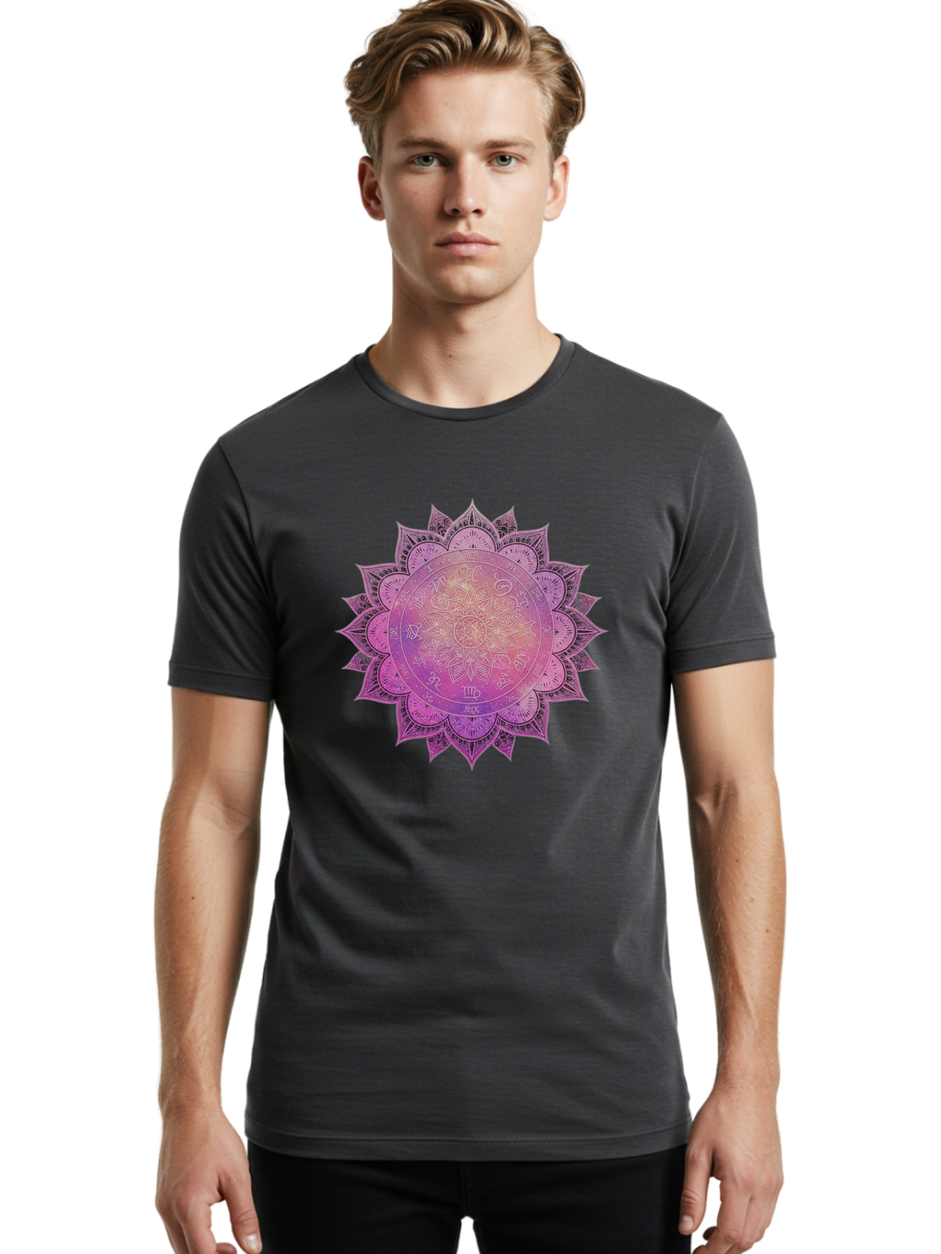 Lotus-Flower-Mandala Men'S Graphic Tee, 100% Cotton, Comfortable Casual Summer Wear, Machine Washable, Sacred Geometry, Spiritual Symbols, Mystical Art, Intricate Patterns, Mandala Design, Purple Hues, Symbolic Representation, Bae223 30