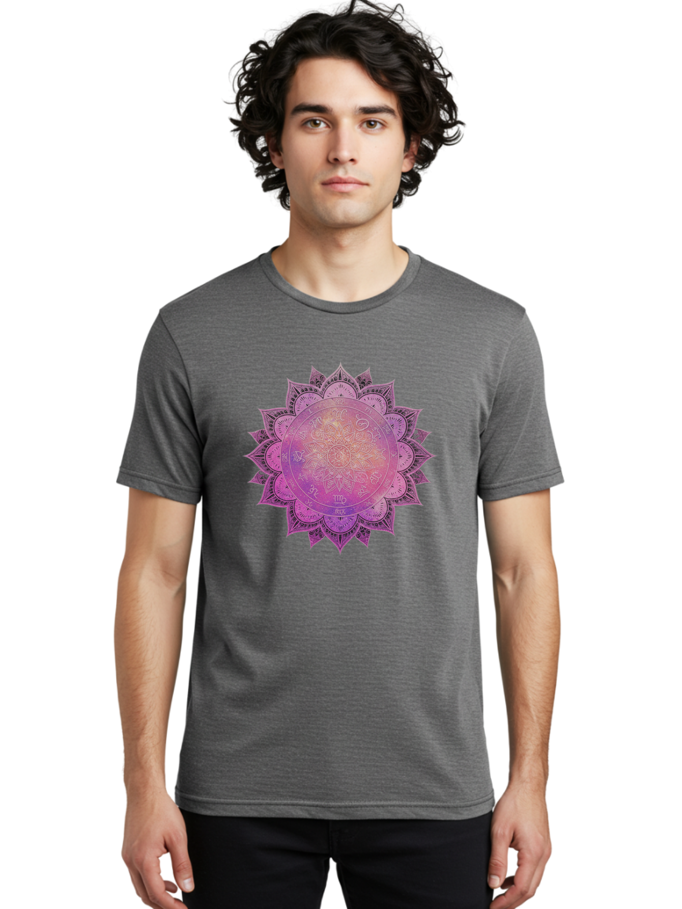 Lotus-Flower-Mandala Men'S Graphic Tee, 100% Cotton, Comfortable Casual Summer Wear, Machine Washable, Sacred Geometry, Spiritual Symbols, Mystical Art, Intricate Patterns, Mandala Design, Purple Hues, Symbolic Representation, Bae223 26