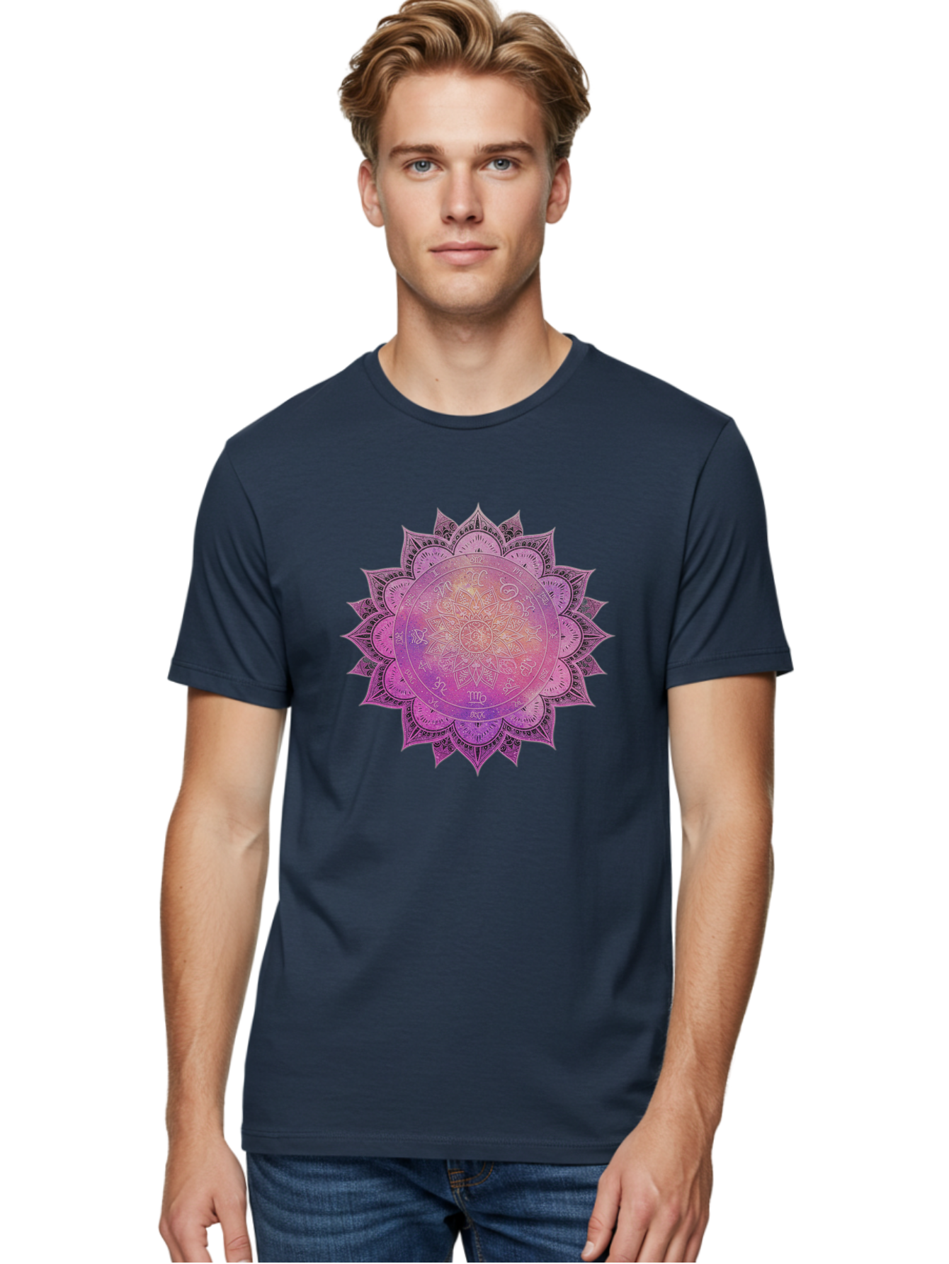 Lotus-Flower-Mandala Men'S Graphic Tee, 100% Cotton, Comfortable Casual Summer Wear, Machine Washable, Sacred Geometry, Spiritual Symbols, Mystical Art, Intricate Patterns, Mandala Design, Purple Hues, Symbolic Representation, Bae223 16