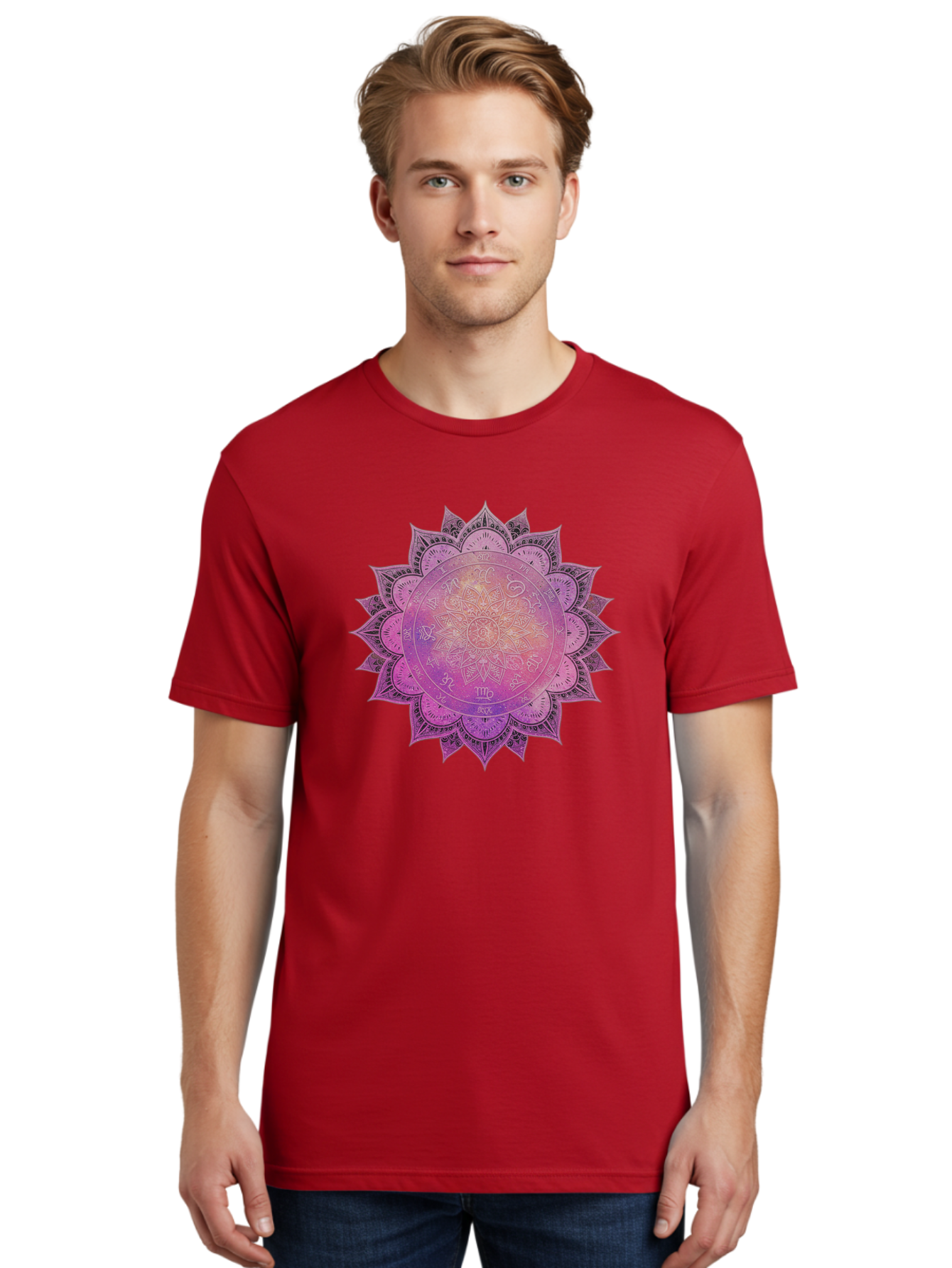 Lotus-Flower-Mandala Men'S Graphic Tee, 100% Cotton, Comfortable Casual Summer Wear, Machine Washable, Sacred Geometry, Spiritual Symbols, Mystical Art, Intricate Patterns, Mandala Design, Purple Hues, Symbolic Representation, Bae223 21