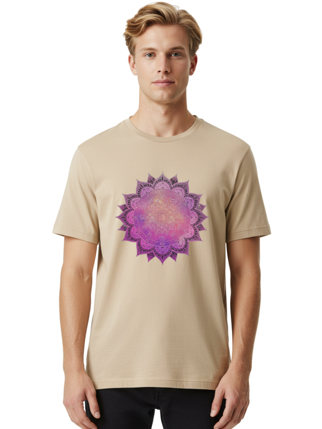 Lotus-Flower-Mandala Men'S Graphic Tee, 100% Cotton, Comfortable Casual Summer Wear, Machine Washable, Sacred Geometry, Spiritual Symbols, Mystical Art, Intricate Patterns, Mandala Design, Purple Hues, Symbolic Representation, Bae223 19