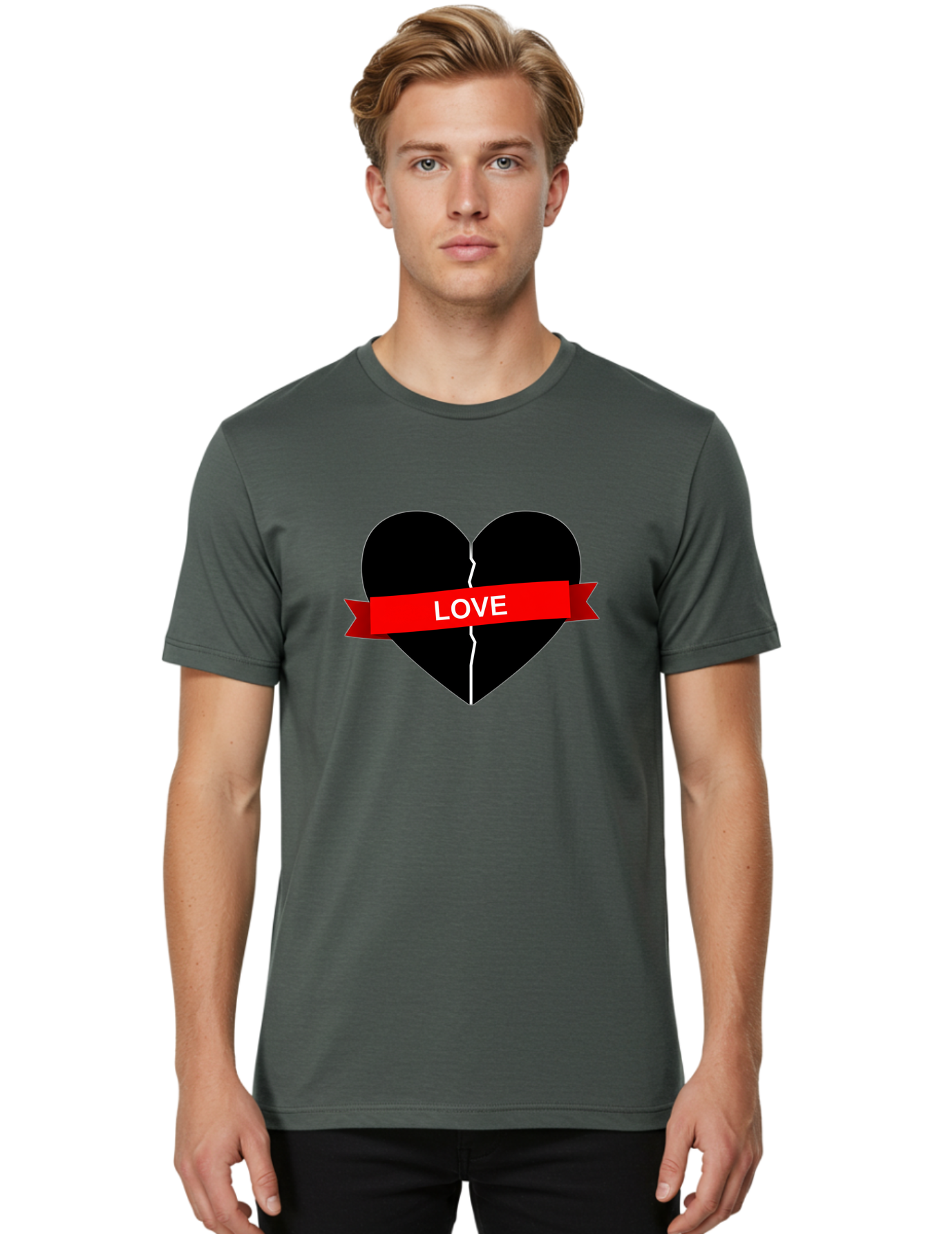 Love-Broken-Heart Men'S Graphic Tee, 100% Cotton, Comfortable Casual Summer Wear, Machine Washable, Broken Heart, Heartbreak, Love Symbol, Red Ribbon, White Text, Split Heart, Cracked Heart, Heart Illustration, Heart Graphic, Torn Love Bae224 25
