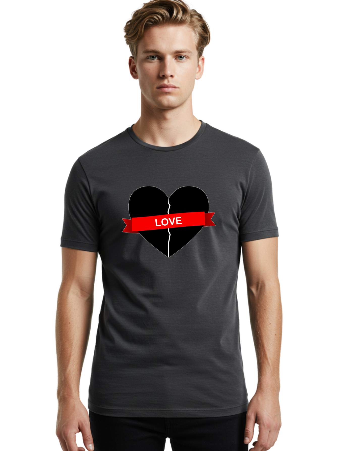 Love-Broken-Heart Men'S Graphic Tee, 100% Cotton, Comfortable Casual Summer Wear, Machine Washable, Broken Heart, Heartbreak, Love Symbol, Red Ribbon, White Text, Split Heart, Cracked Heart, Heart Illustration, Heart Graphic, Torn Love Bae224 17