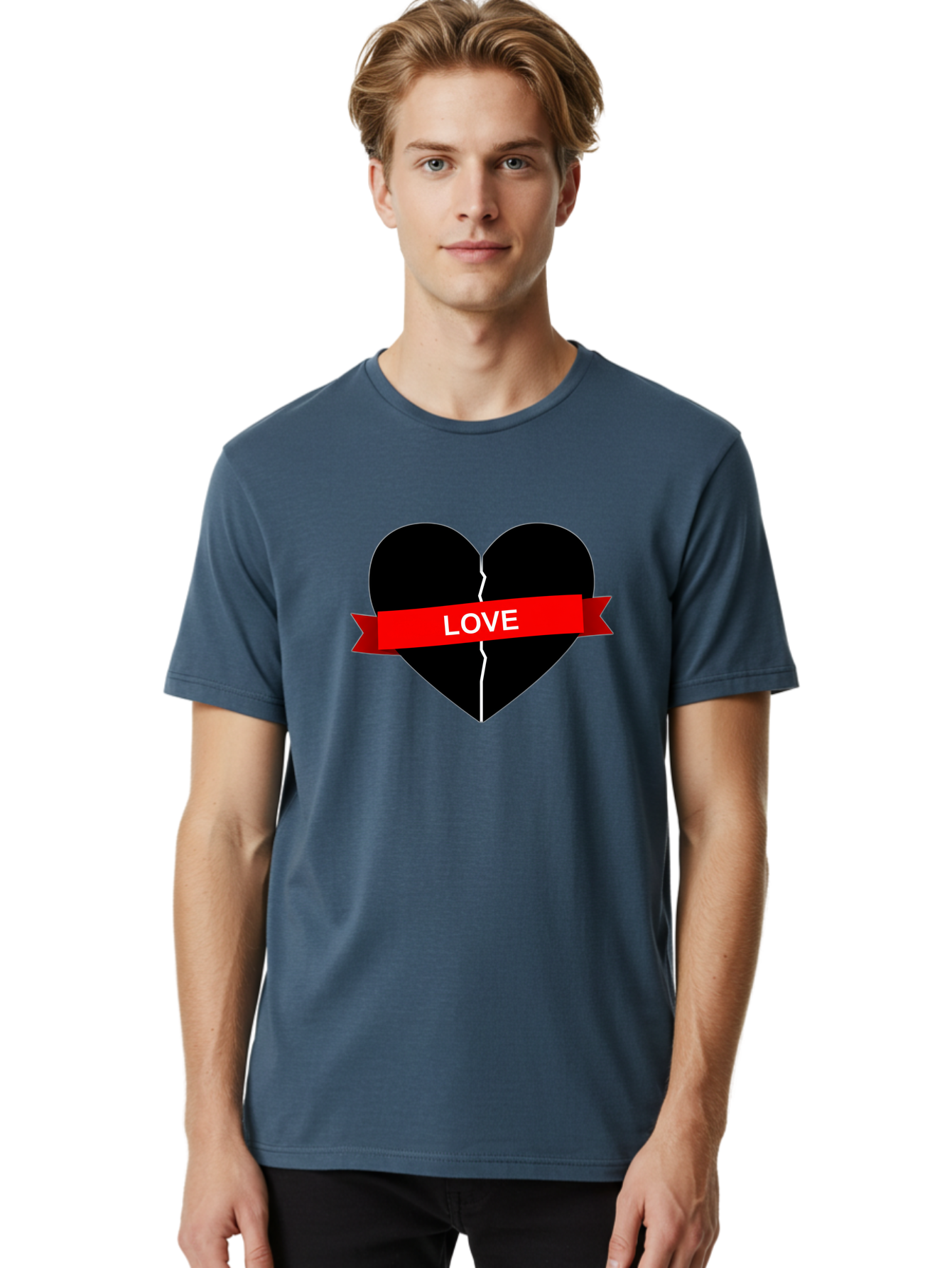 Love-Broken-Heart Men'S Graphic Tee, 100% Cotton, Comfortable Casual Summer Wear, Machine Washable, Broken Heart, Heartbreak, Love Symbol, Red Ribbon, White Text, Split Heart, Cracked Heart, Heart Illustration, Heart Graphic, Torn Love Bae224 24
