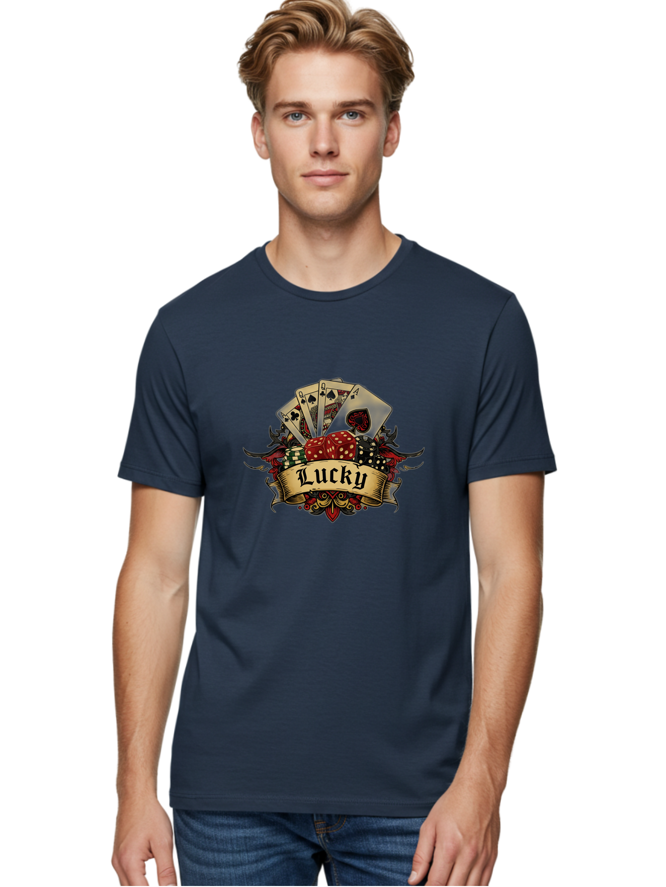Lucky-1 Men'S Graphic Tee, 100% Cotton, Comfortable Casual Summer Wear, Machine Washable, Lucky Charm, Playing Cards, Poker Dice, Red Dice, Casino Luck, Gaming Good Fortune, Gambler'S Luck, Poker Game, Card Game Bae226 29