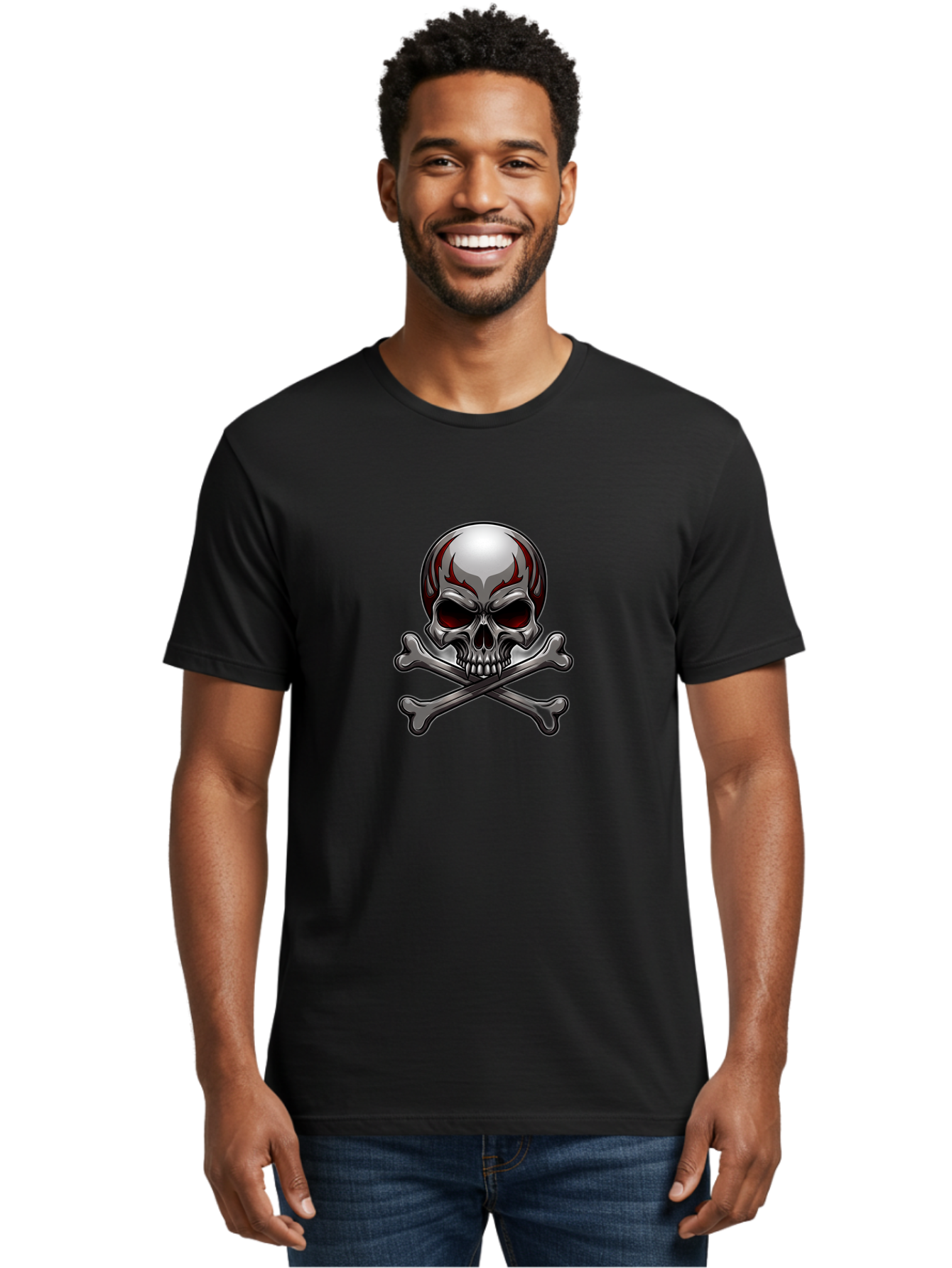 Metal-Skull Men'S Graphic Tee, 100% Cotton, Comfortable Casual Summer Wear, Machine Washable, Skull And Crossbones, Silver Skull, Red Flames, Danger Symbol, Warning Sign, Halloween Theme, Gothic Design, Bold Graphics, Edgy Art Bae230 21
