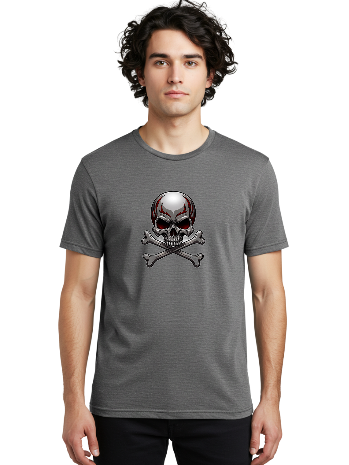 Metal-Skull Men'S Graphic Tee, 100% Cotton, Comfortable Casual Summer Wear, Machine Washable, Skull And Crossbones, Silver Skull, Red Flames, Danger Symbol, Warning Sign, Halloween Theme, Gothic Design, Bold Graphics, Edgy Art Bae230 30