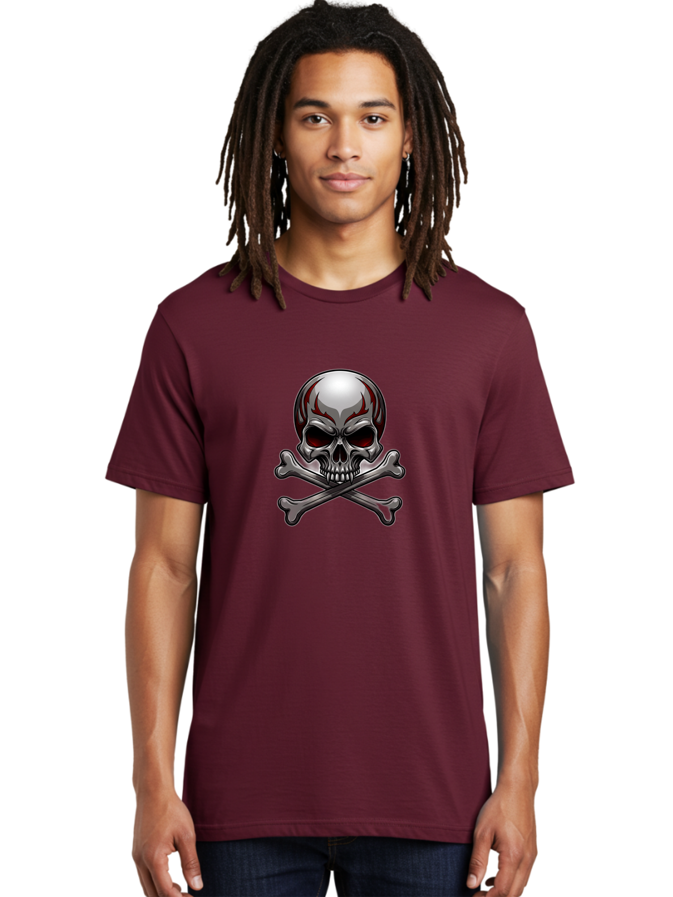 Metal-Skull Men'S Graphic Tee, 100% Cotton, Comfortable Casual Summer Wear, Machine Washable, Skull And Crossbones, Silver Skull, Red Flames, Danger Symbol, Warning Sign, Halloween Theme, Gothic Design, Bold Graphics, Edgy Art Bae230 24
