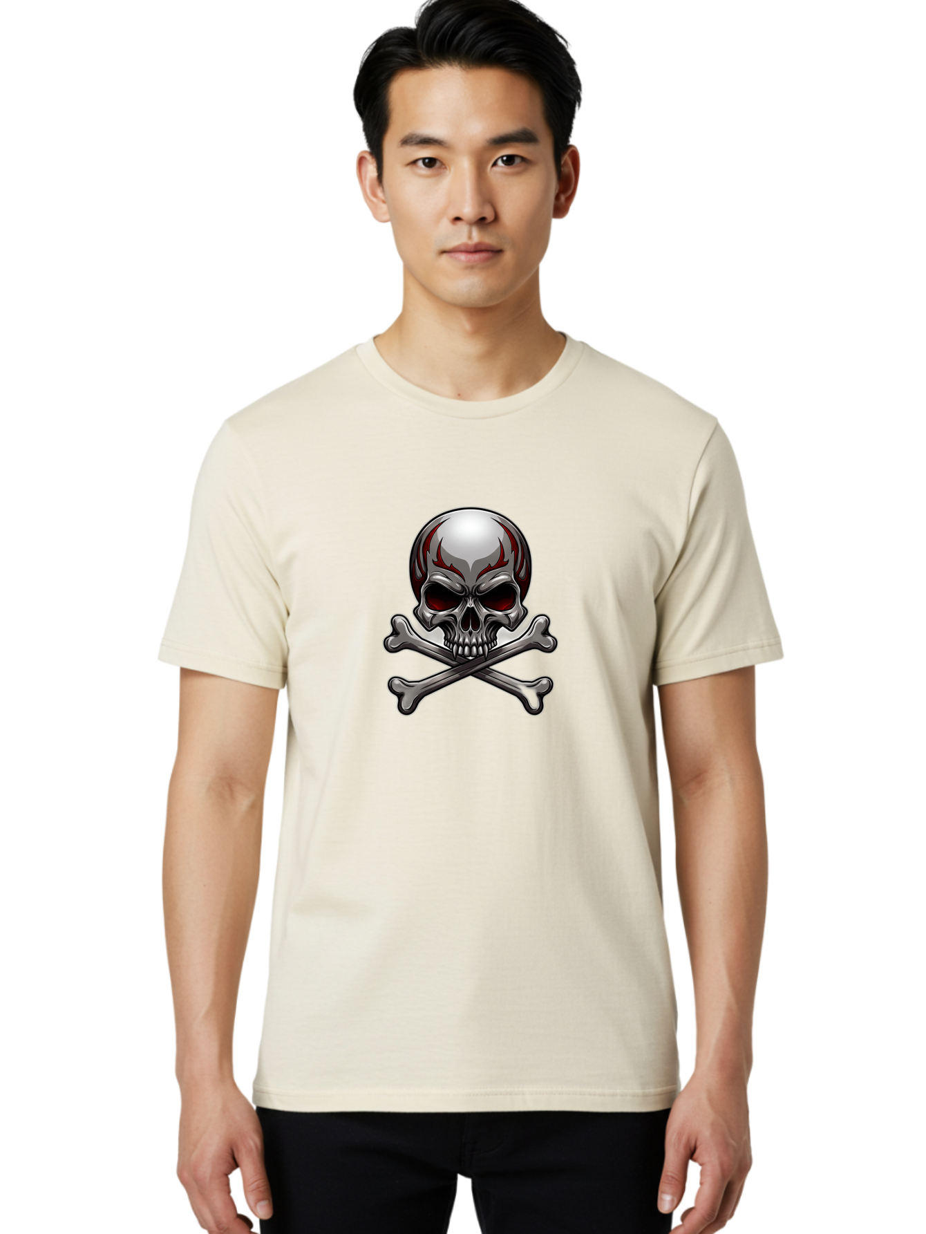 Metal-Skull Men'S Graphic Tee, 100% Cotton, Comfortable Casual Summer Wear, Machine Washable, Skull And Crossbones, Silver Skull, Red Flames, Danger Symbol, Warning Sign, Halloween Theme, Gothic Design, Bold Graphics, Edgy Art Bae230 19