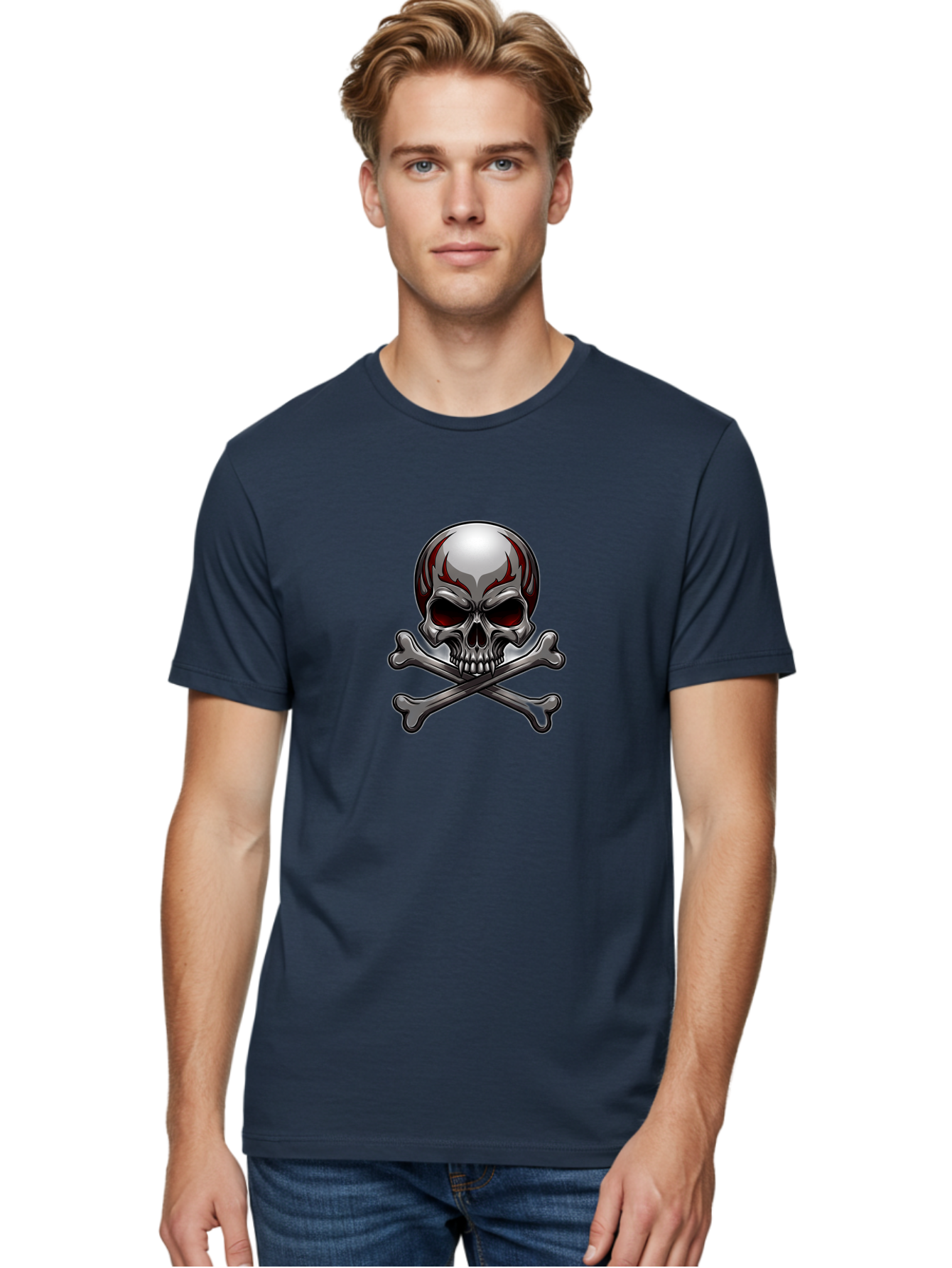 Metal-Skull Men'S Graphic Tee, 100% Cotton, Comfortable Casual Summer Wear, Machine Washable, Skull And Crossbones, Silver Skull, Red Flames, Danger Symbol, Warning Sign, Halloween Theme, Gothic Design, Bold Graphics, Edgy Art Bae230 25