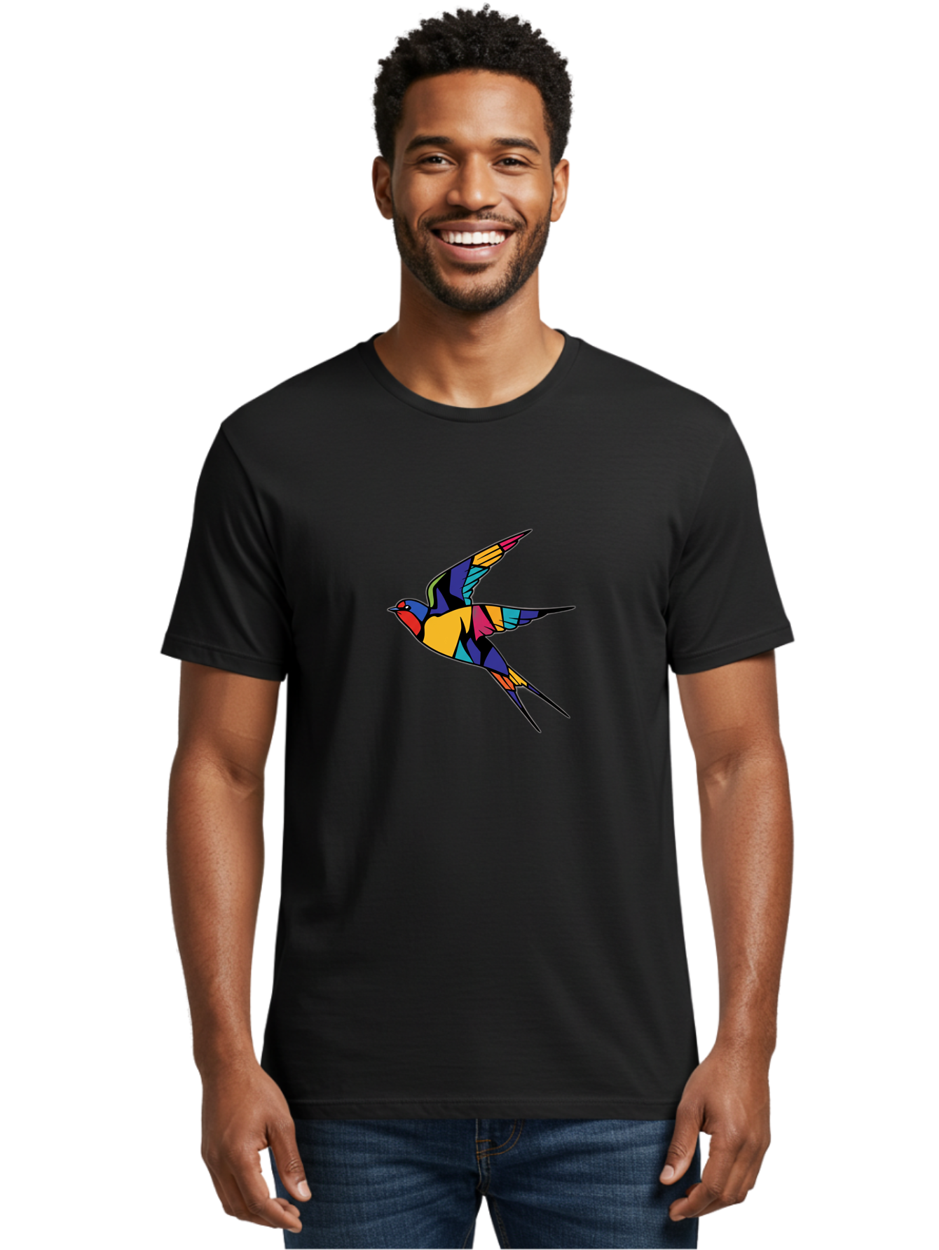 Multicolored-Bird Men'S Graphic Tee, 100% Cotton, Comfortable Casual Summer Wear, Machine Washable, Colorful Bird In Flight, Vibrant Bird Illustration, Geometric Bird Design, Multicolored Swallow, Bird In Mid-Air, Abstract Bird Art, Bae232 19