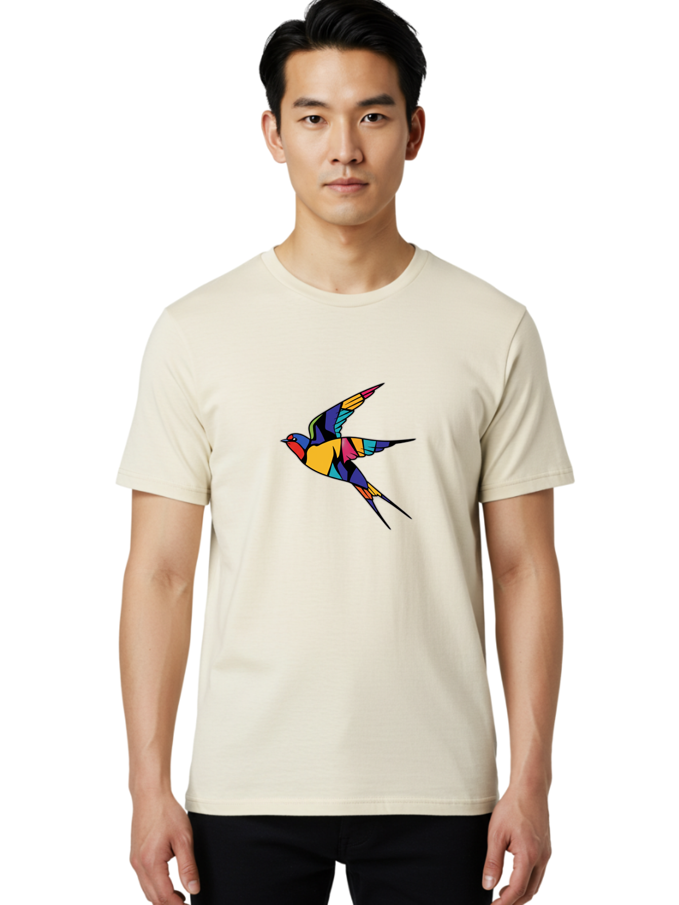 Multicolored-Bird Men'S Graphic Tee, 100% Cotton, Comfortable Casual Summer Wear, Machine Washable, Colorful Bird In Flight, Vibrant Bird Illustration, Geometric Bird Design, Multicolored Swallow, Bird In Mid-Air, Abstract Bird Art, Bae232 29