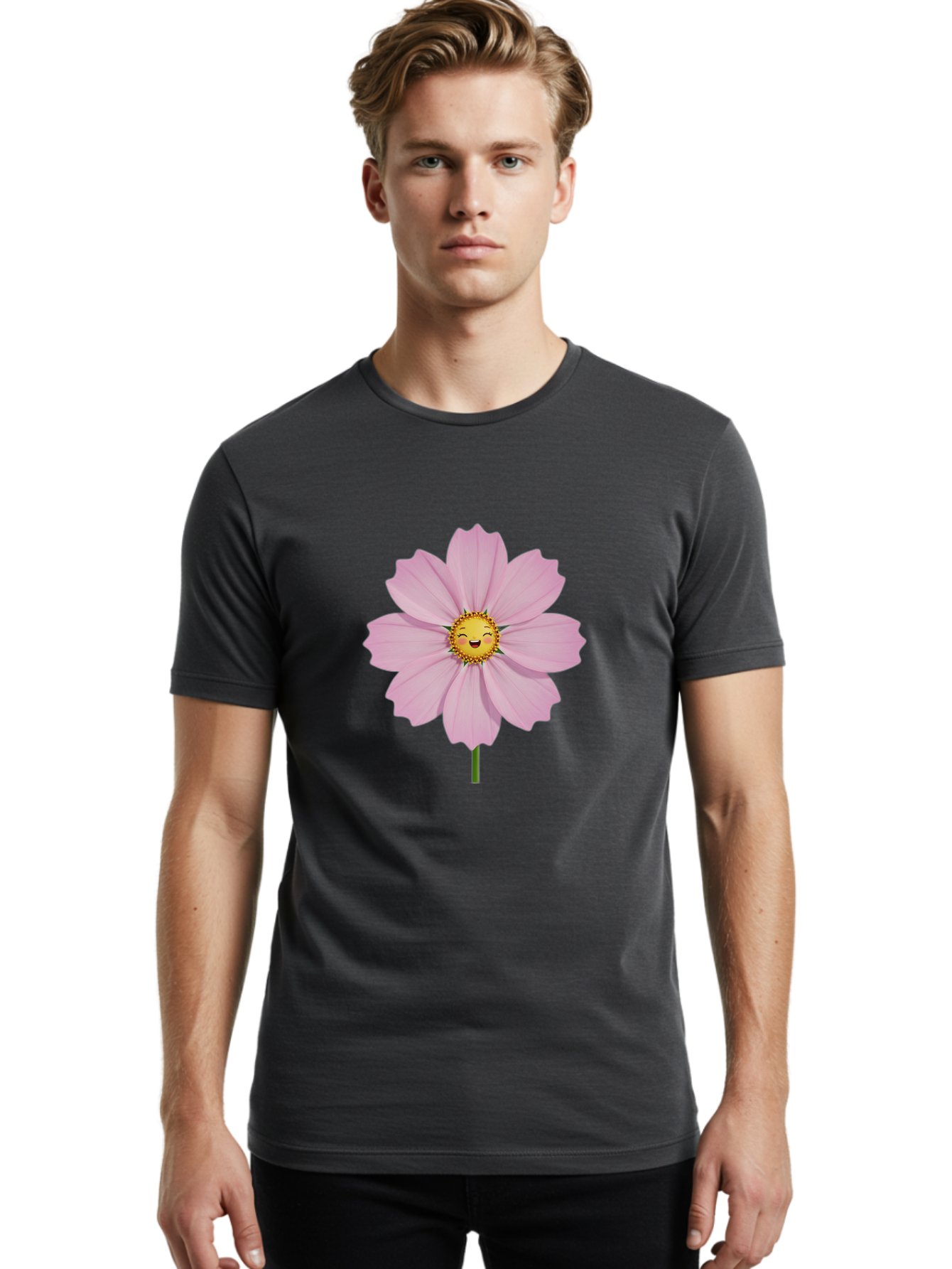 Pink-Flower-Emoji Men'S Graphic Tee, 100% Cotton, Comfortable Casual Summer Wear, Machine Washable, Pink Cosmos Flower, Cartoon Style, Smiling Face, Happy Emoji, Floral Illustration, Cute Design, Flower Graphics, Digital Art, Flower Emoji Bae236 22