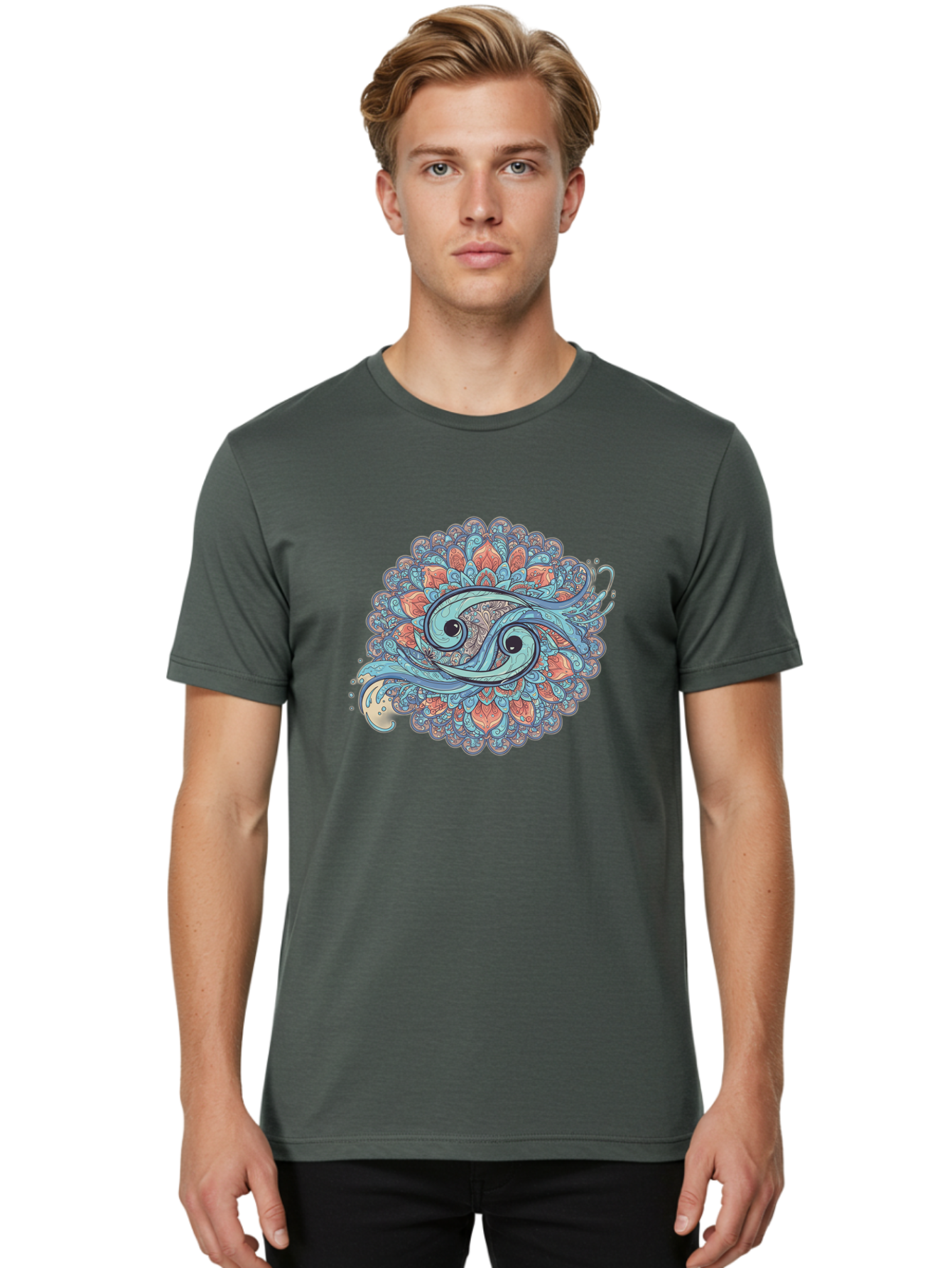 Pisces-Symbol Men'S Graphic Tee, 100% Cotton, Comfortable Casual Summer Wear, Machine Washable, Pisces Zodiac Sign, Fish Symbol, Astrology Illustration, Intricate Design, Mystical Art, Celestial Theme, Abstract Shapes, Blue And Orange Hues, Bae239 18