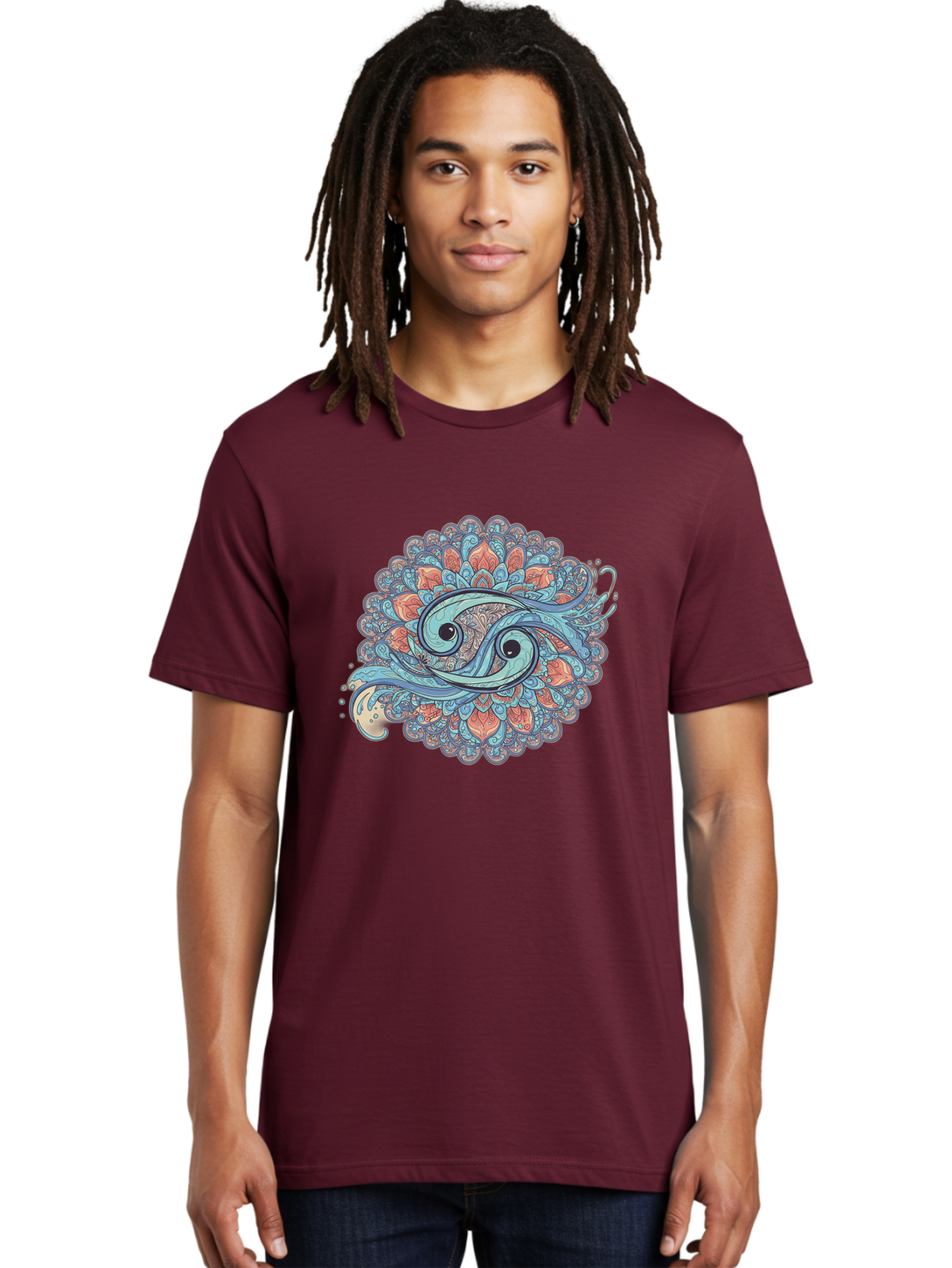 Pisces-Symbol Men'S Graphic Tee, 100% Cotton, Comfortable Casual Summer Wear, Machine Washable, Pisces Zodiac Sign, Fish Symbol, Astrology Illustration, Intricate Design, Mystical Art, Celestial Theme, Abstract Shapes, Blue And Orange Hues, Bae239 25