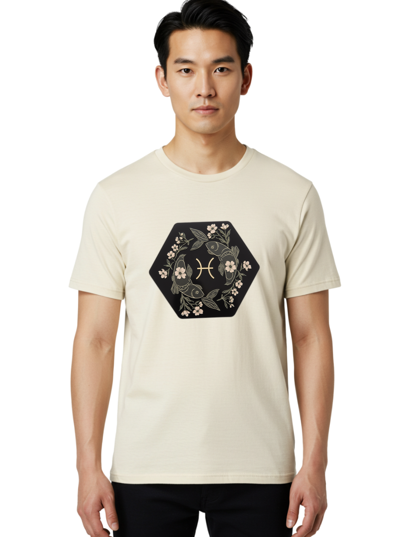 Pisces-Zodiac-Symbol Men'S Graphic Tee, 100% Cotton, Comfortable Casual Summer Wear, Machine Washable, Pisces Zodiac Symbol, Fish Illustration, Floral Wreath, Astrology Sign, Horoscope, Mystical Design, Esoteric Art, Spiritual Symbolism, Bae240 17