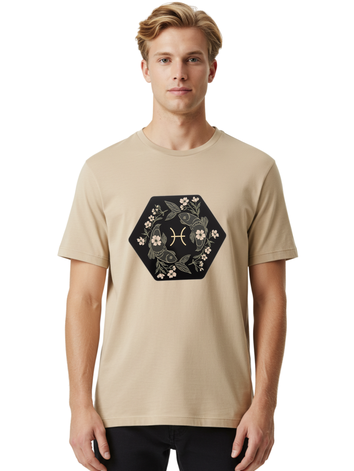 Pisces-Zodiac-Symbol Men'S Graphic Tee, 100% Cotton, Comfortable Casual Summer Wear, Machine Washable, Pisces Zodiac Symbol, Fish Illustration, Floral Wreath, Astrology Sign, Horoscope, Mystical Design, Esoteric Art, Spiritual Symbolism, Bae240 24