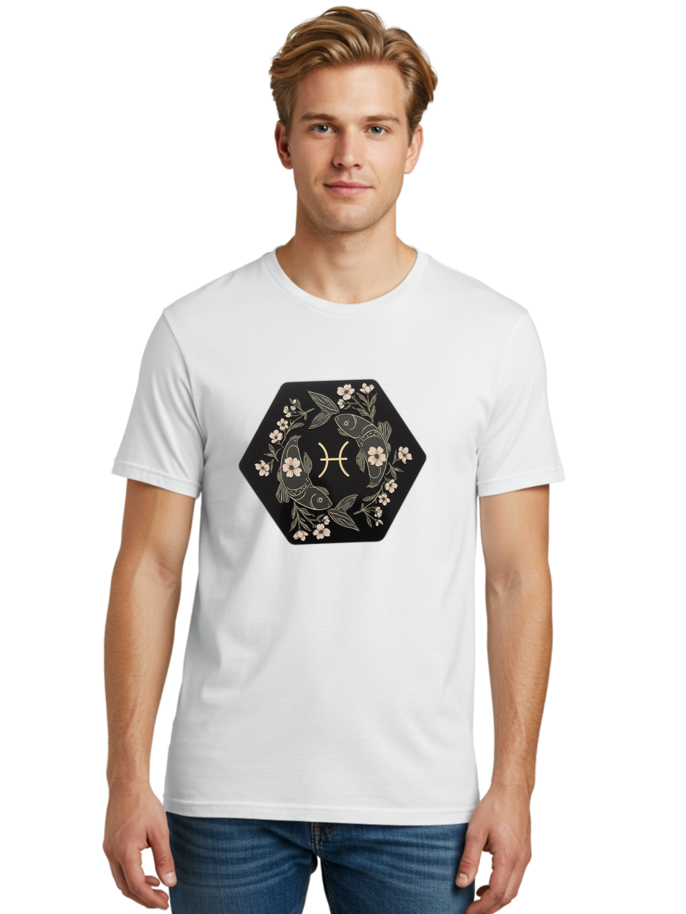 Pisces-Zodiac-Symbol Men'S Graphic Tee, 100% Cotton, Comfortable Casual Summer Wear, Machine Washable, Pisces Zodiac Symbol, Fish Illustration, Floral Wreath, Astrology Sign, Horoscope, Mystical Design, Esoteric Art, Spiritual Symbolism, Bae240 19