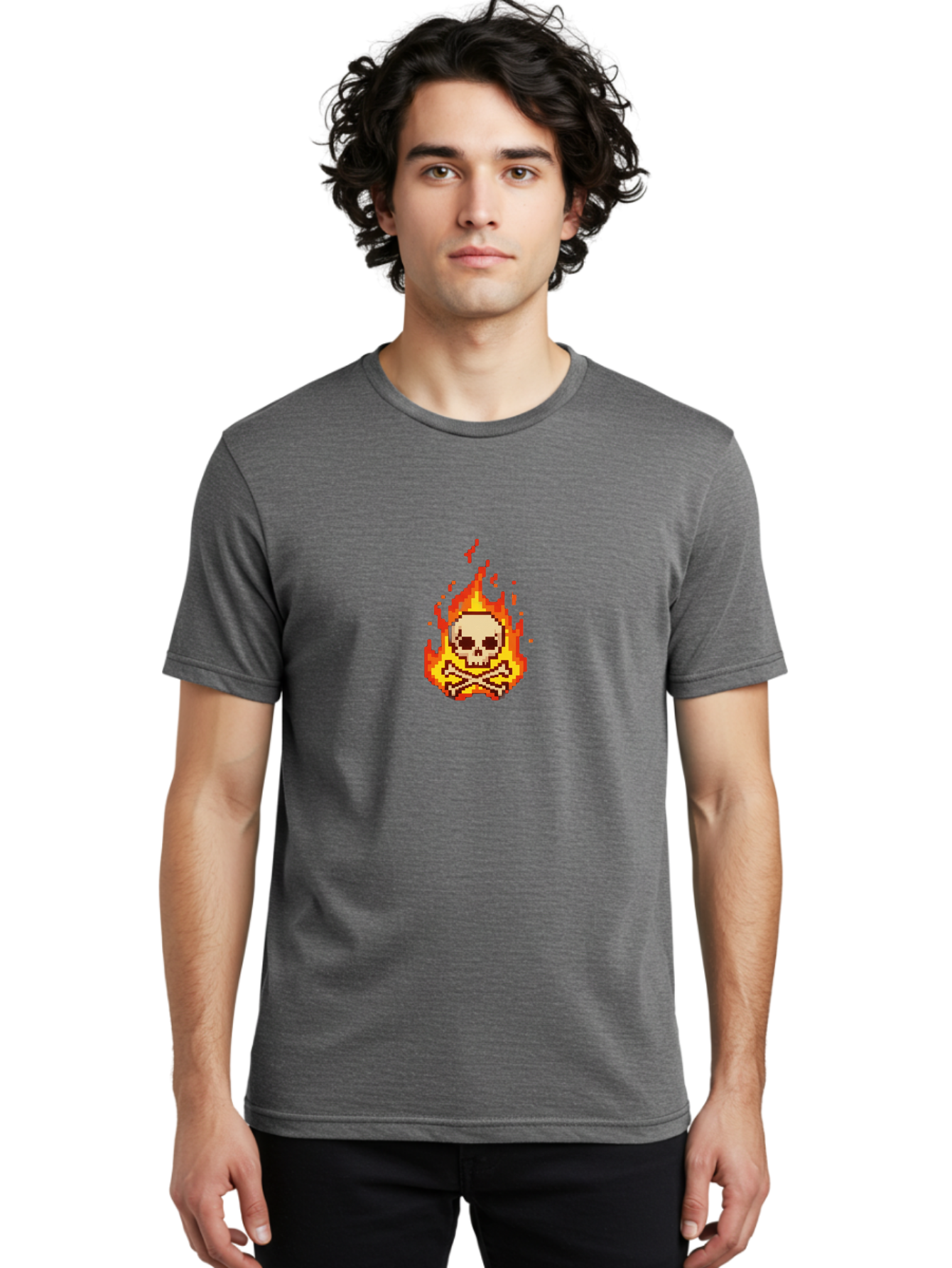 Pixel-Skull-And-Crossbones Men'S Graphic Tee, 100% Cotton, Comfortable Casual Summer Wear, Machine Washable, Death Symbol, Danger Sign, Warning Sign, Skull And Crossbones, Pixel Art, Retro Gaming, Grunge Aesthetics, Fiery Flames, Bae242 19