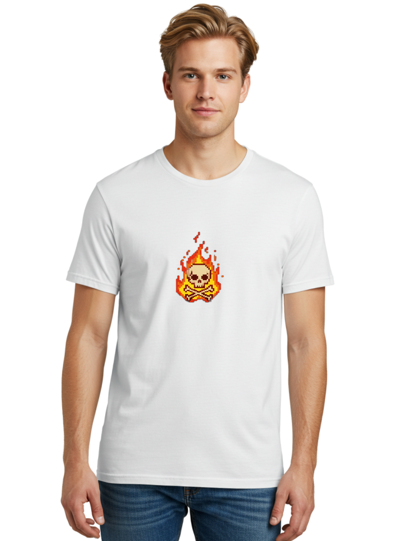 Pixel-Skull-And-Crossbones Men'S Graphic Tee, 100% Cotton, Comfortable Casual Summer Wear, Machine Washable, Death Symbol, Danger Sign, Warning Sign, Skull And Crossbones, Pixel Art, Retro Gaming, Grunge Aesthetics, Fiery Flames, Bae242 28