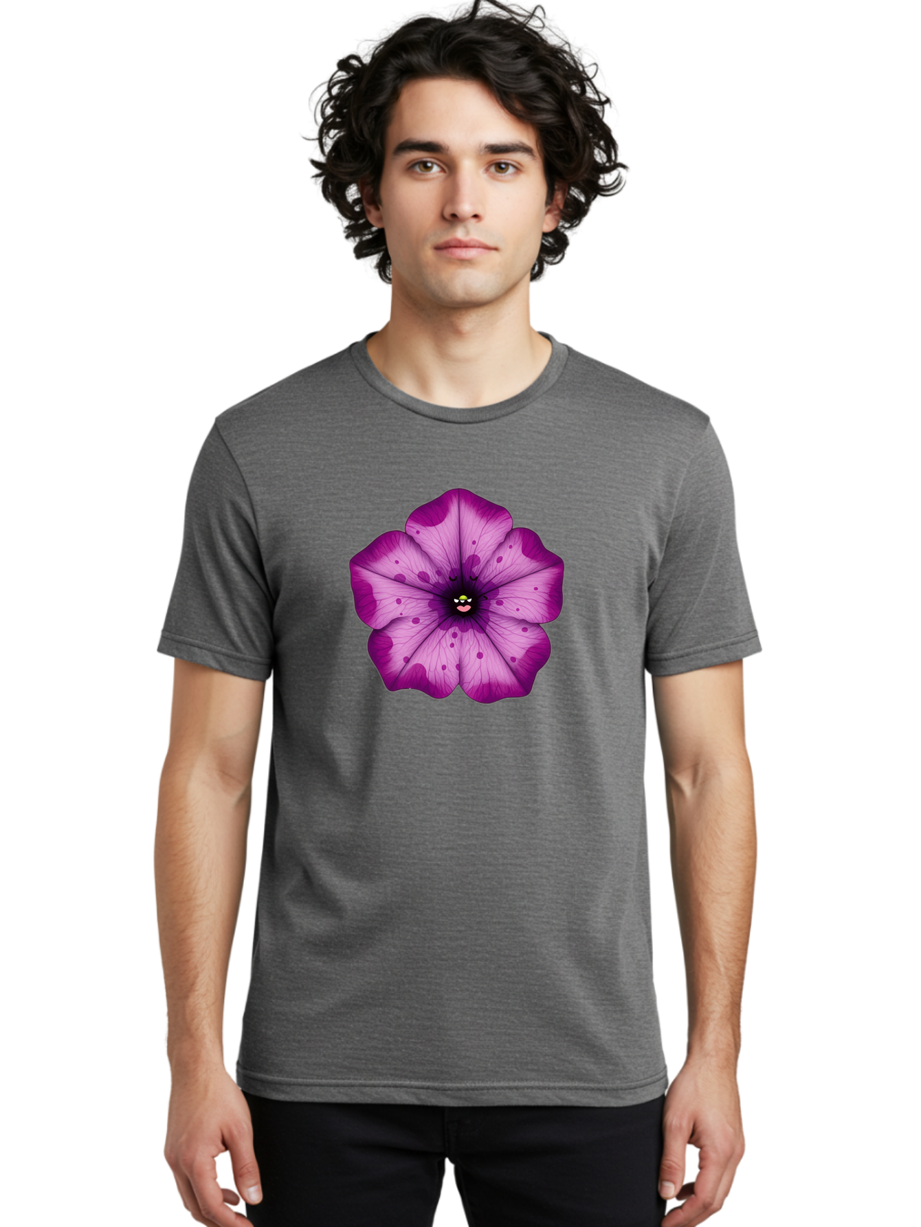 Purple-Flower Men'S Graphic Tee, 100% Cotton, Comfortable Casual Summer Wear, Machine Washable, Purple Flower, Cartoon Style, Vibrant Colors, Whimsical Design, Floral Pattern, Playful Character, Purple Petals, Spotty Design Bae243 22