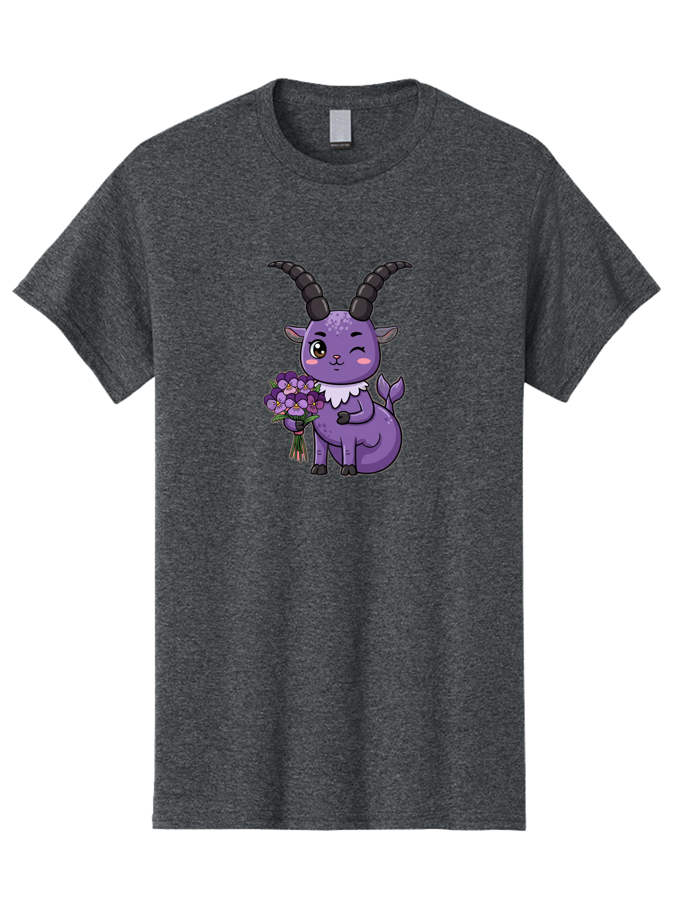 Purple-Goat Men'S Graphic Tee, 100% Cotton, Comfortable Casual Summer Wear, Machine Washable, Kawaii Goat, Cartoon Character, Purple Goat, Bouquet Of Flowers, Whimsical Design, Fantasy Creature, Adorable Illustration, Purple Flowers, Bae244 4