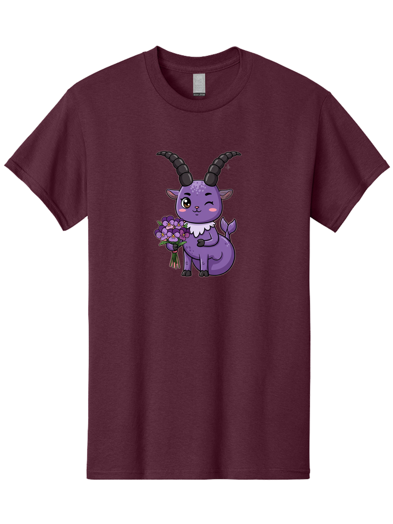 Purple-Goat Men'S Graphic Tee, 100% Cotton, Comfortable Casual Summer Wear, Machine Washable, Kawaii Goat, Cartoon Character, Purple Goat, Bouquet Of Flowers, Whimsical Design, Fantasy Creature, Adorable Illustration, Purple Flowers, Bae244 5