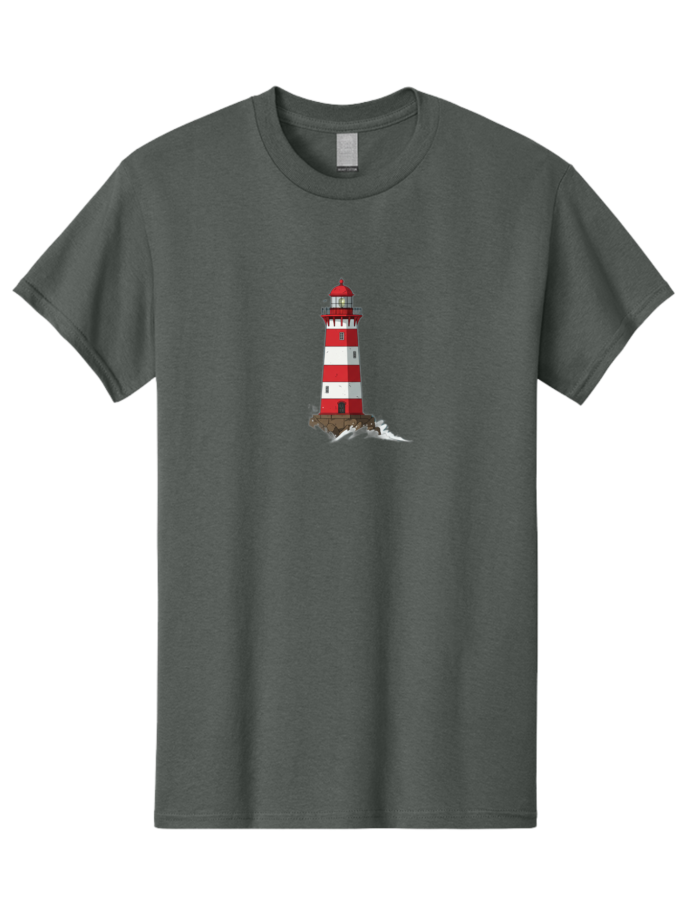 Red-And-White-Lighthouse Men'S Graphic Tee, 100% Cotton, Comfortable Casual Summer Wear, Machine Washable, Striped Lighthouse, Red And White Lighthouse, Rocky Coastline, Coastal Scenery, Maritime Navigation, Ocean Waves, Serene Atmosphere, Bae246 10