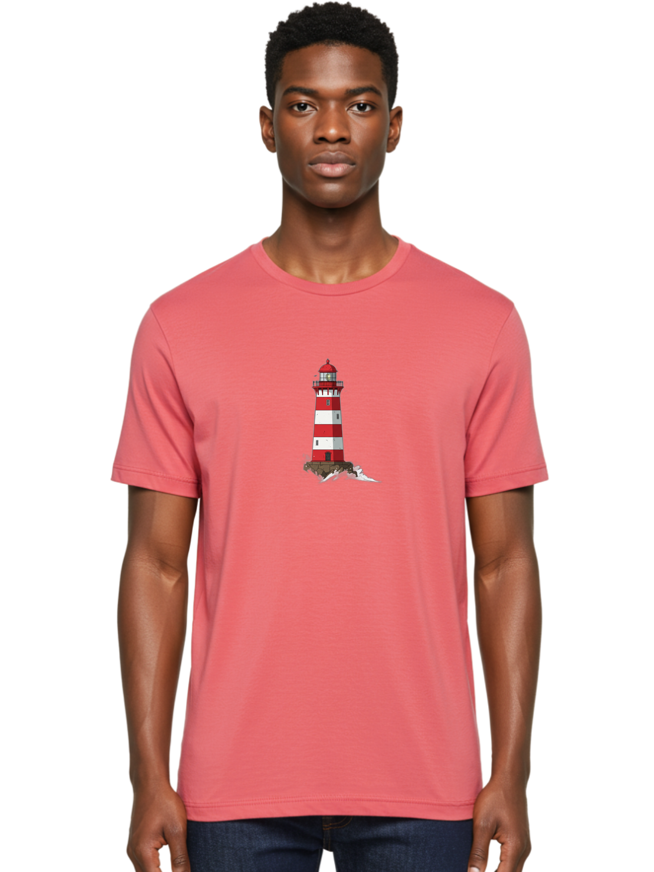 Red-And-White-Lighthouse Men'S Graphic Tee, 100% Cotton, Comfortable Casual Summer Wear, Machine Washable, Striped Lighthouse, Red And White Lighthouse, Rocky Coastline, Coastal Scenery, Maritime Navigation, Ocean Waves, Serene Atmosphere, Bae246 18