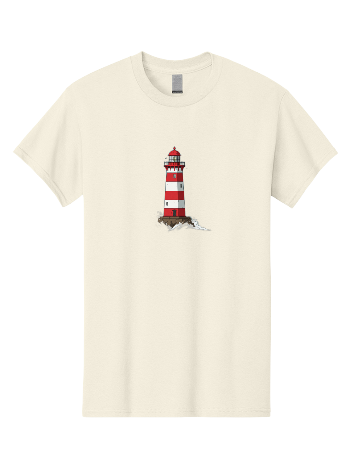 Red-And-White-Lighthouse Men'S Graphic Tee, 100% Cotton, Comfortable Casual Summer Wear, Machine Washable, Striped Lighthouse, Red And White Lighthouse, Rocky Coastline, Coastal Scenery, Maritime Navigation, Ocean Waves, Serene Atmosphere, Bae246 7