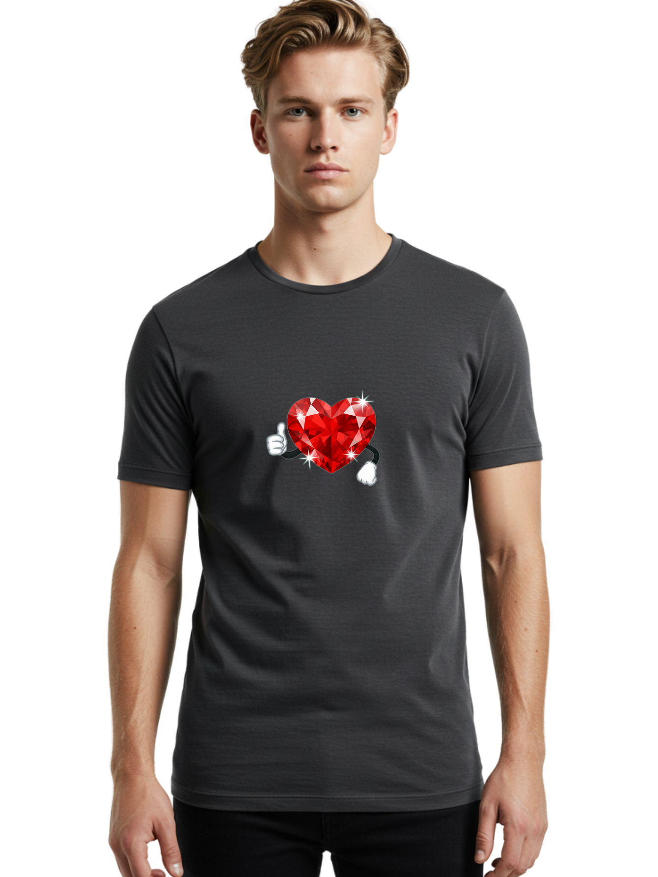Red-Diamond-Heart Men'S Graphic Tee, 100% Cotton, Comfortable Casual Summer Wear, Machine Washable, Red Heart Gem, Thumbs Up, Sparkling Gemstone, Shiny Heart, Love Symbol, Valentine'S Day, Heart Shape, Gemstone Character, Sparkling Effect, Bae247 29