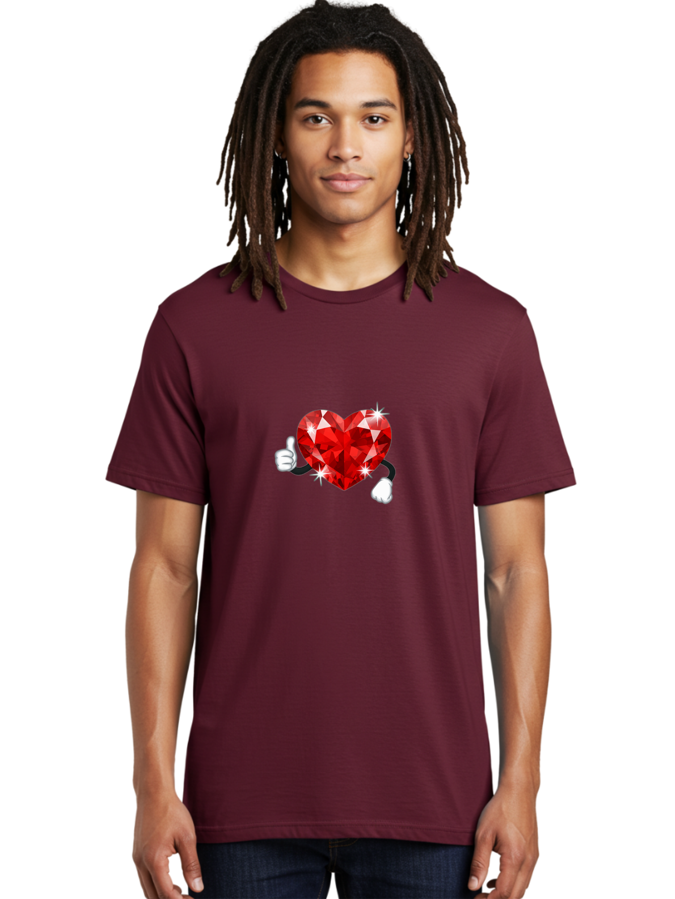 Red-Diamond-Heart Men'S Graphic Tee, 100% Cotton, Comfortable Casual Summer Wear, Machine Washable, Red Heart Gem, Thumbs Up, Sparkling Gemstone, Shiny Heart, Love Symbol, Valentine'S Day, Heart Shape, Gemstone Character, Sparkling Effect, Bae247 25