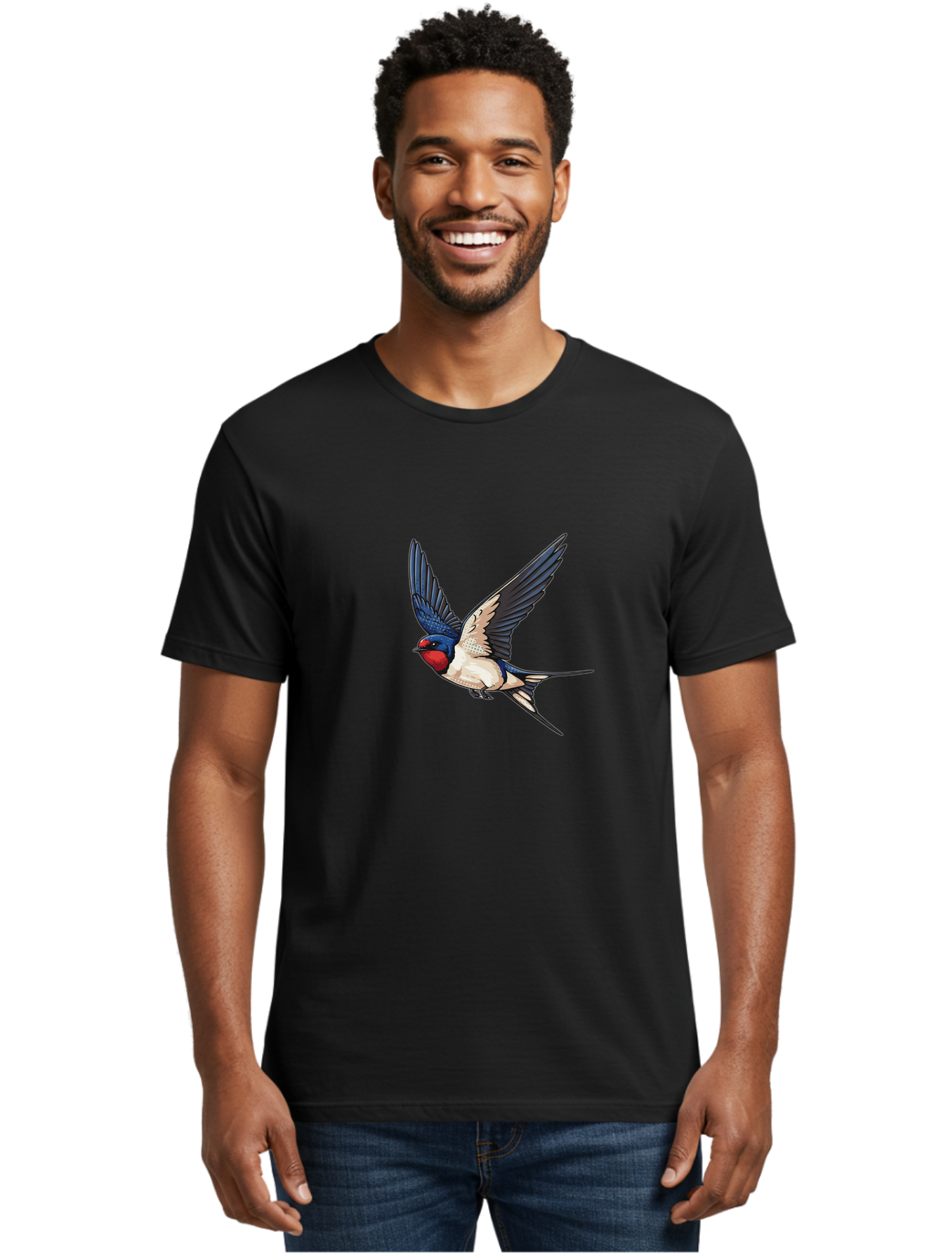 Red-Faced-Swallow Men'S Graphic Tee, 100% Cotton, Comfortable Casual Summer Wear, Machine Washable, Swallow In Flight, Bird Species, Wingspan, Feather Details, Red Face, Blue Wings, White Belly, Dynamic Pose, Wildlife Illustration, Avian Art Bae248 17