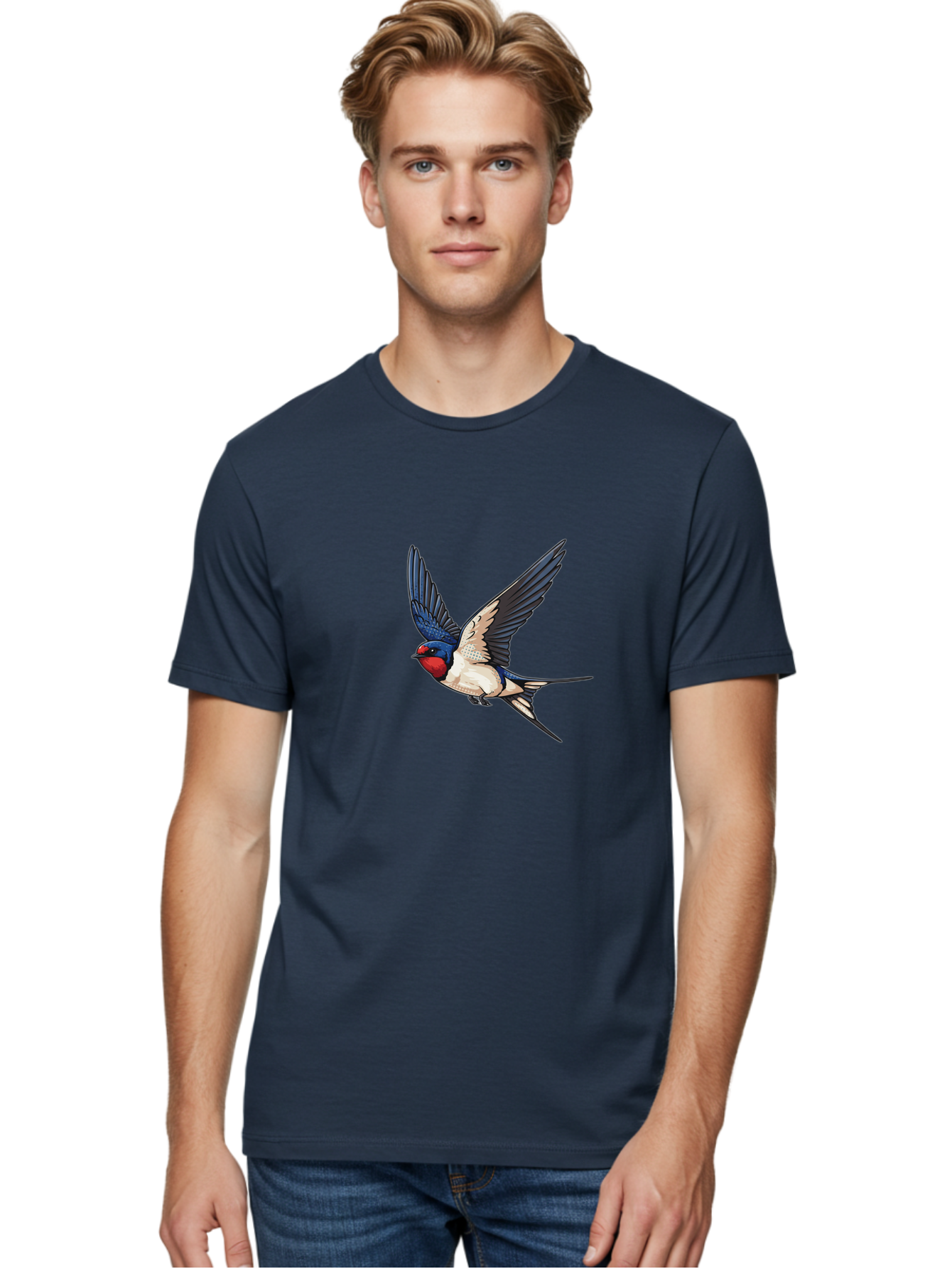 Red-Faced-Swallow Men'S Graphic Tee, 100% Cotton, Comfortable Casual Summer Wear, Machine Washable, Swallow In Flight, Bird Species, Wingspan, Feather Details, Red Face, Blue Wings, White Belly, Dynamic Pose, Wildlife Illustration, Avian Art Bae248 29