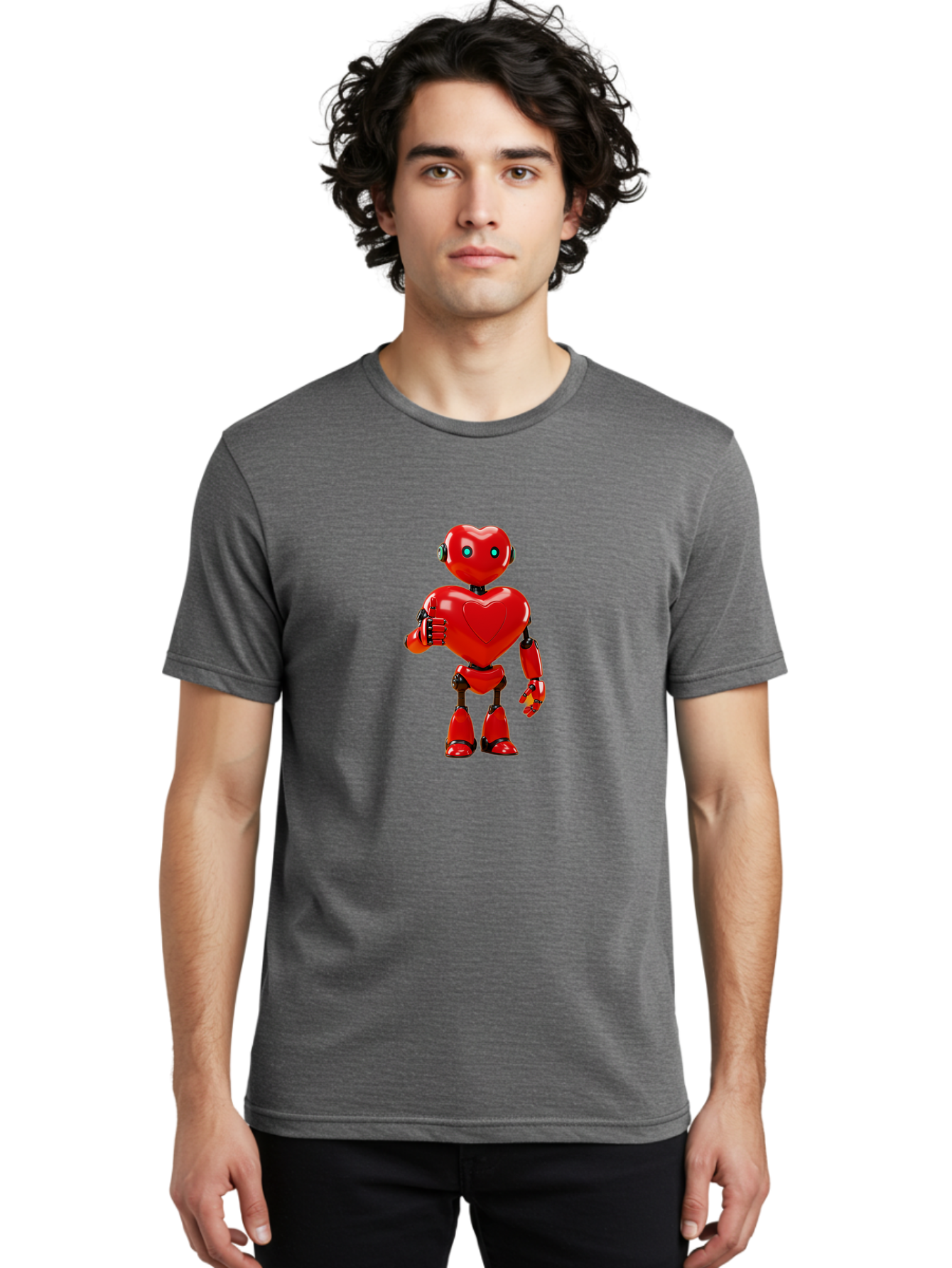 Red-Heart-Robot Men'S Graphic Tee, 100% Cotton, Comfortable Casual Summer Wear, Machine Washable, Red Robot With Heart-Shaped Body, Futuristic Design, Heart-Shaped Head, Blue Glowing Eyes, Robotic Lover, Cyborg, Shiny Red Metal, Bae253 17