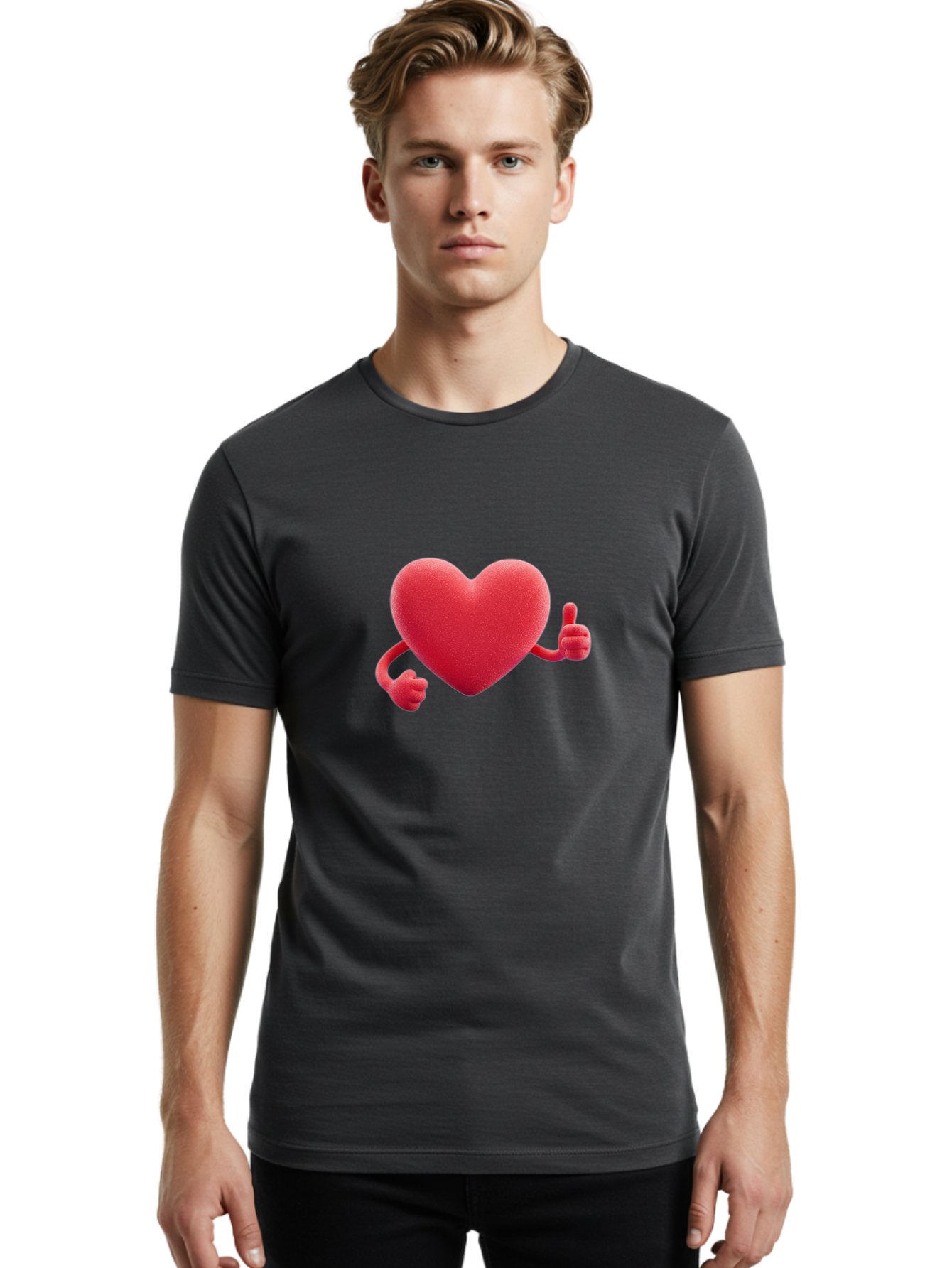 Red-Heart Men'S Graphic Tee, 100% Cotton, Comfortable Casual Summer Wear, Machine Washable, Red Heart Character, Thumbs Up Gesture, Cartoon Heart, Approval Symbol, Love Icon, Positivity, Heart Symbol, Cute Illustration, Heart Gesture Bae255 27