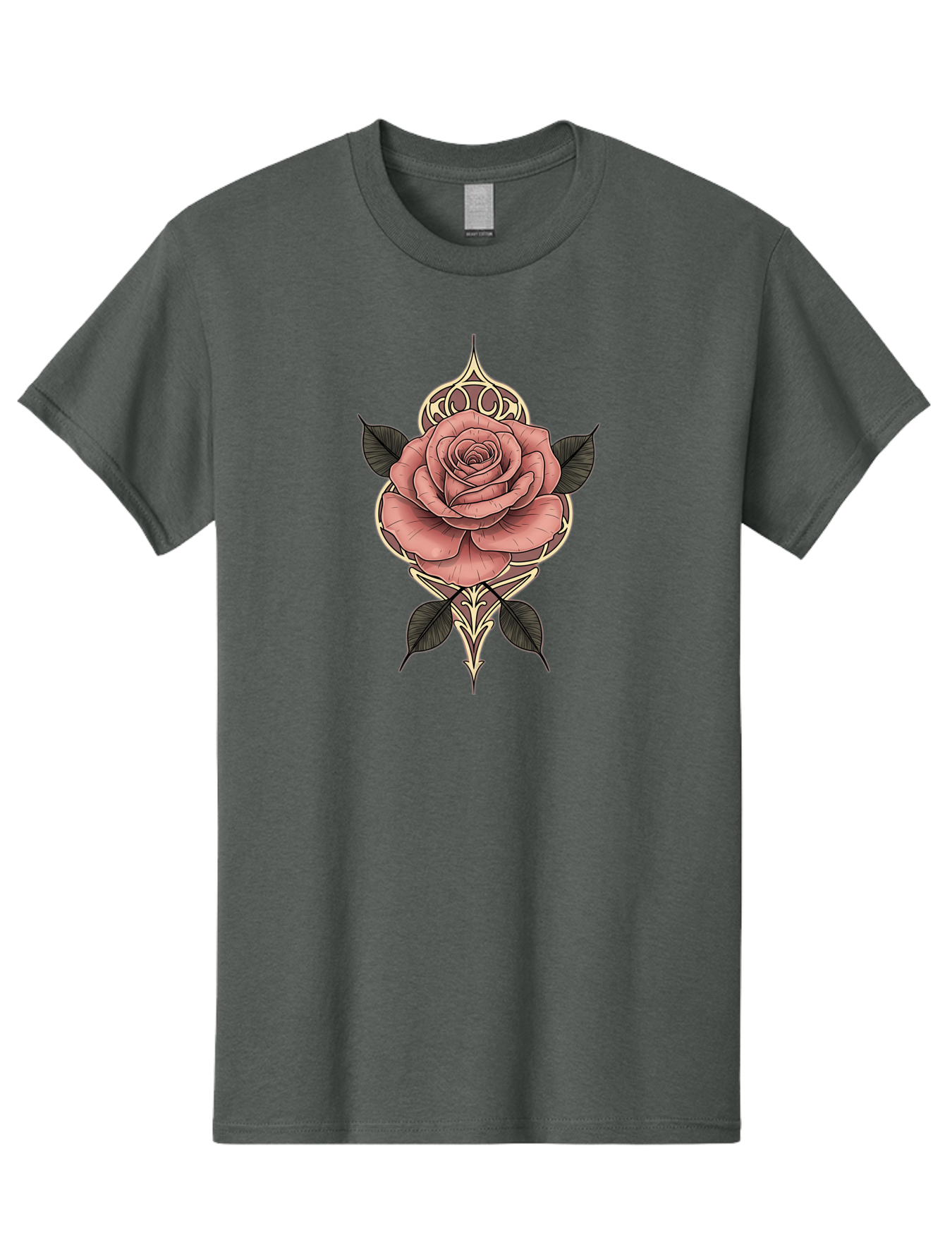 Rose-Illustration Men'S Graphic Tee, 100% Cotton, Comfortable Casual Summer Wear, Machine Washable, Stylized Rose Illustration, Decorative Floral Design, Pink Rose, Black Leaves, Intricate Line Art, Ornate Details, Body Art Inspiration, Bae258 4