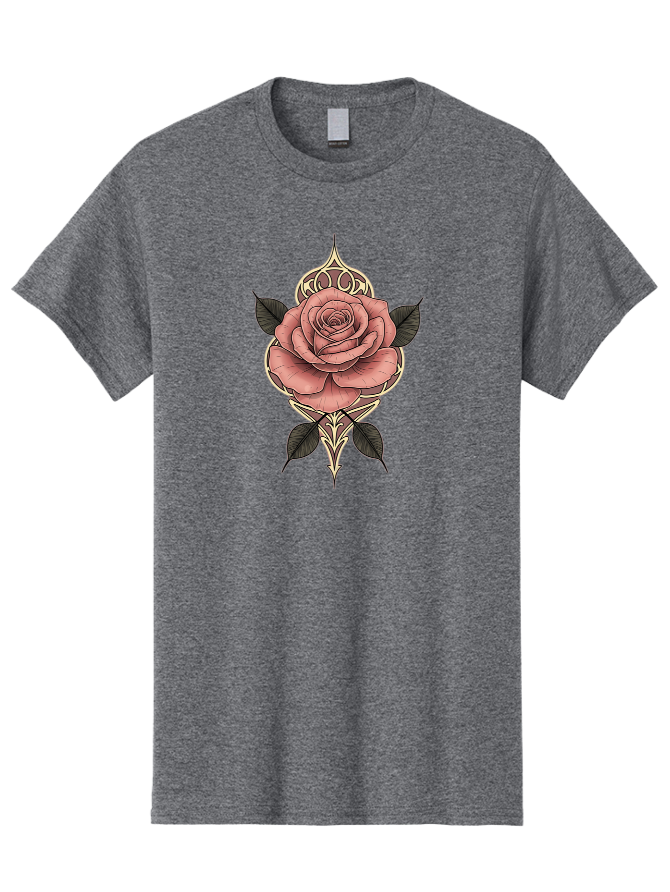Rose-Illustration Men'S Graphic Tee, 100% Cotton, Comfortable Casual Summer Wear, Machine Washable, Stylized Rose Illustration, Decorative Floral Design, Pink Rose, Black Leaves, Intricate Line Art, Ornate Details, Body Art Inspiration, Bae258 5